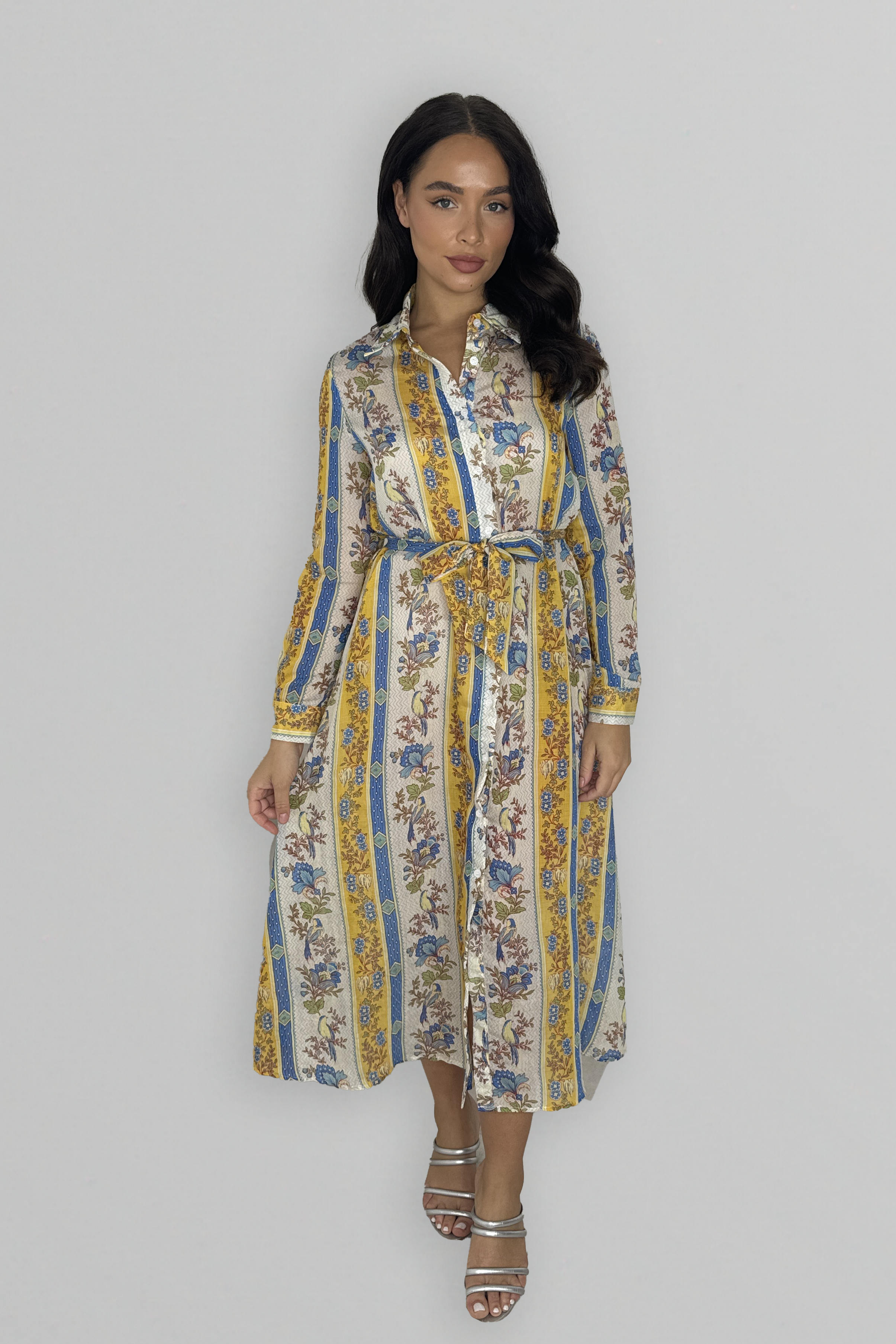 Long Sleeve Button Down Pattern Loose Fit Dress