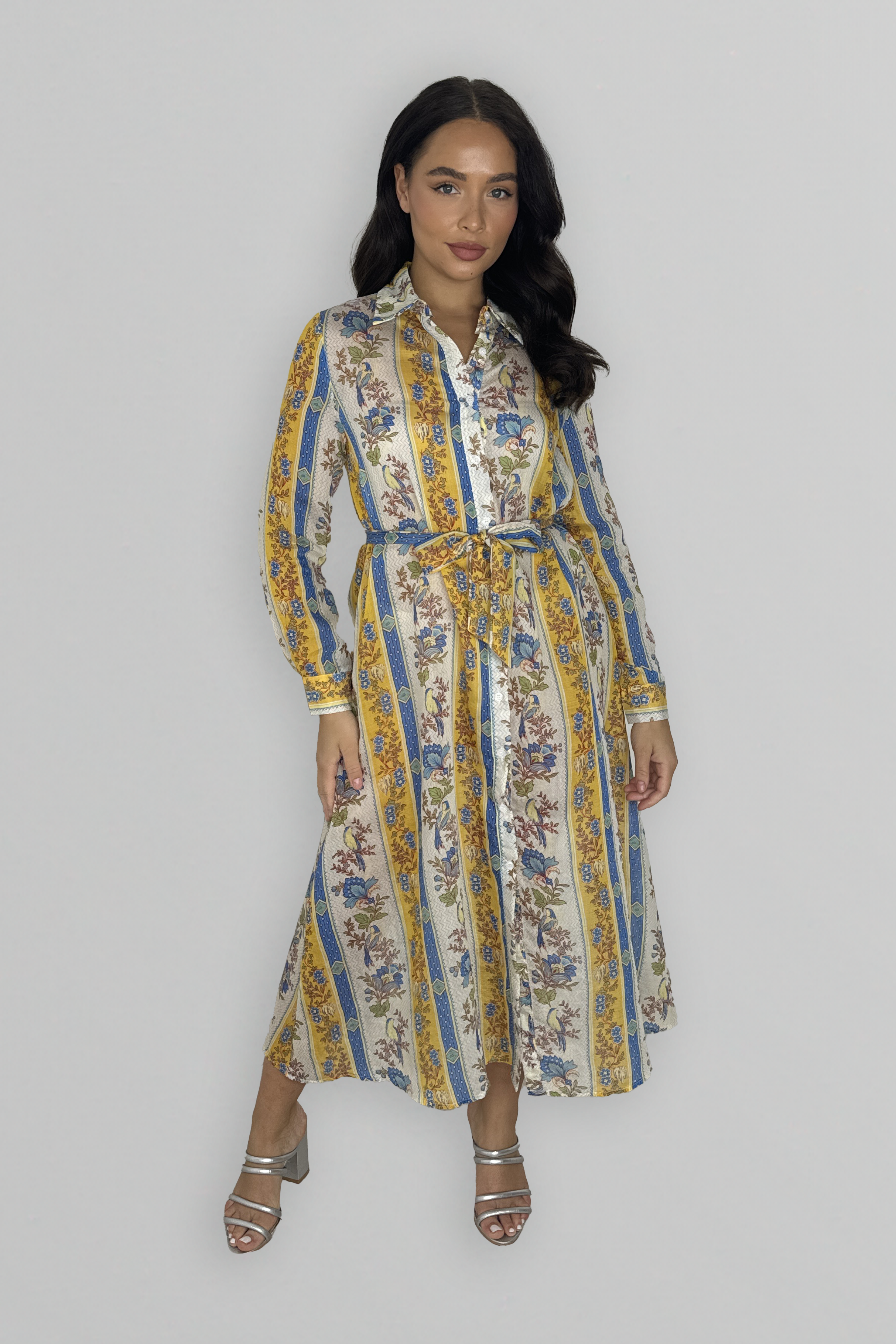 Long Sleeve Button Down Pattern Loose Fit Dress-SinglePrice