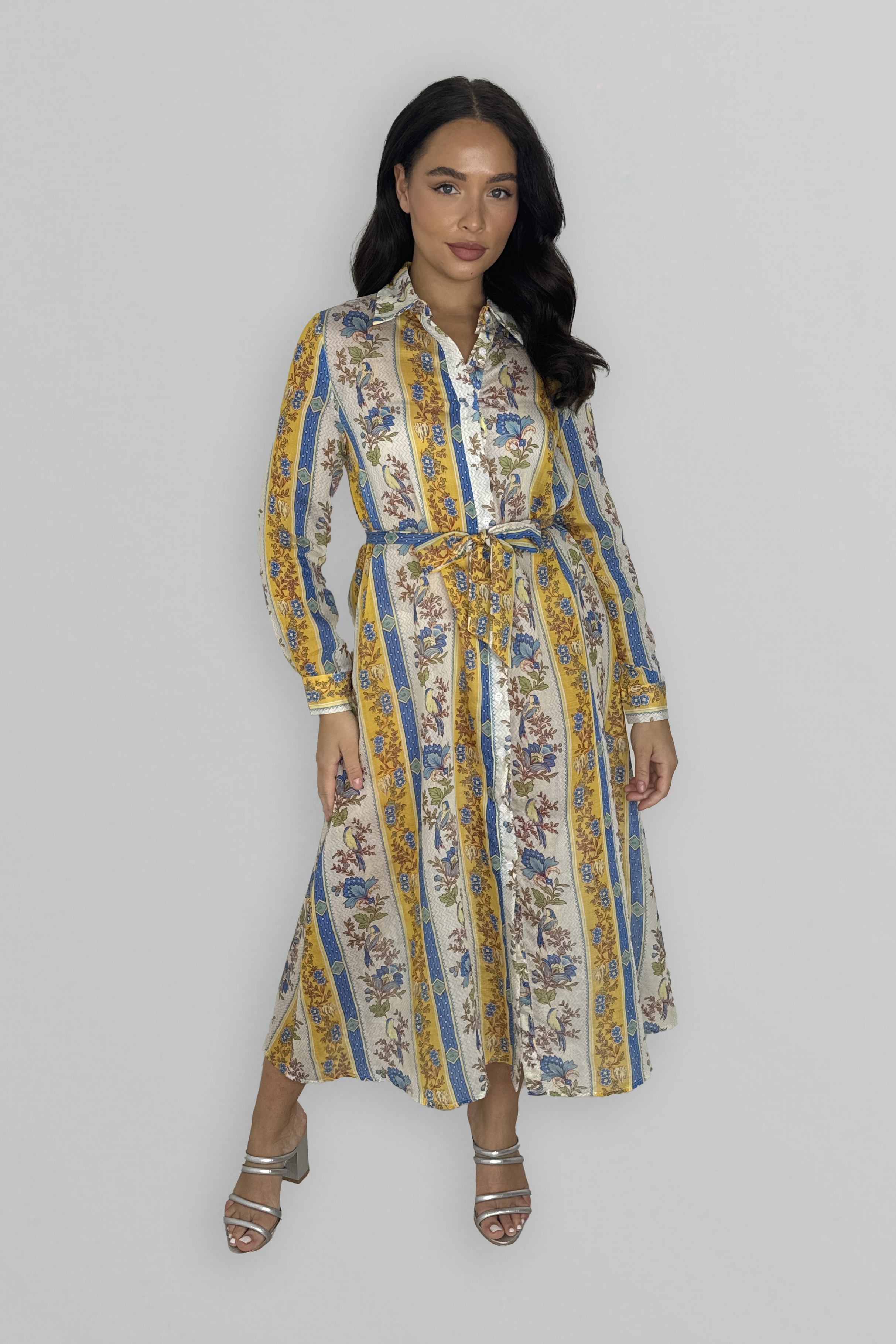 Long Sleeve Button Down Pattern Loose Fit Dress