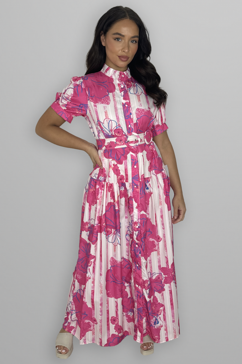 Floral Print Mock Neck Button Down Belted Maxi Dress-SinglePrice