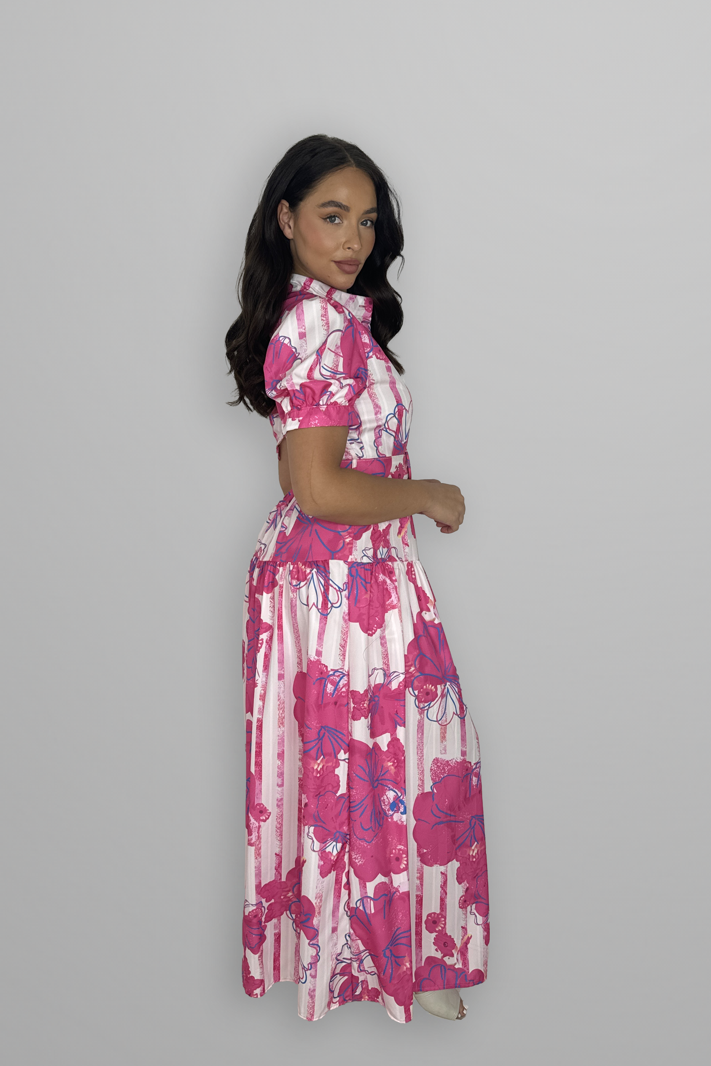 Floral Print Mock Neck Button Down Belted Maxi Dress-SinglePrice