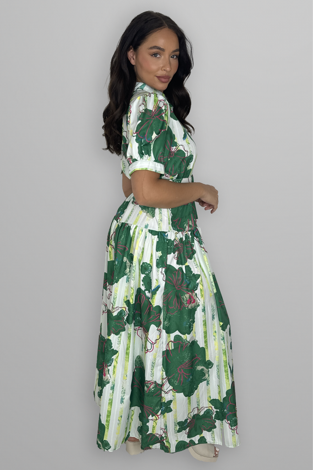 Floral Print Mock Neck Button Down Belted Maxi Dress-SinglePrice