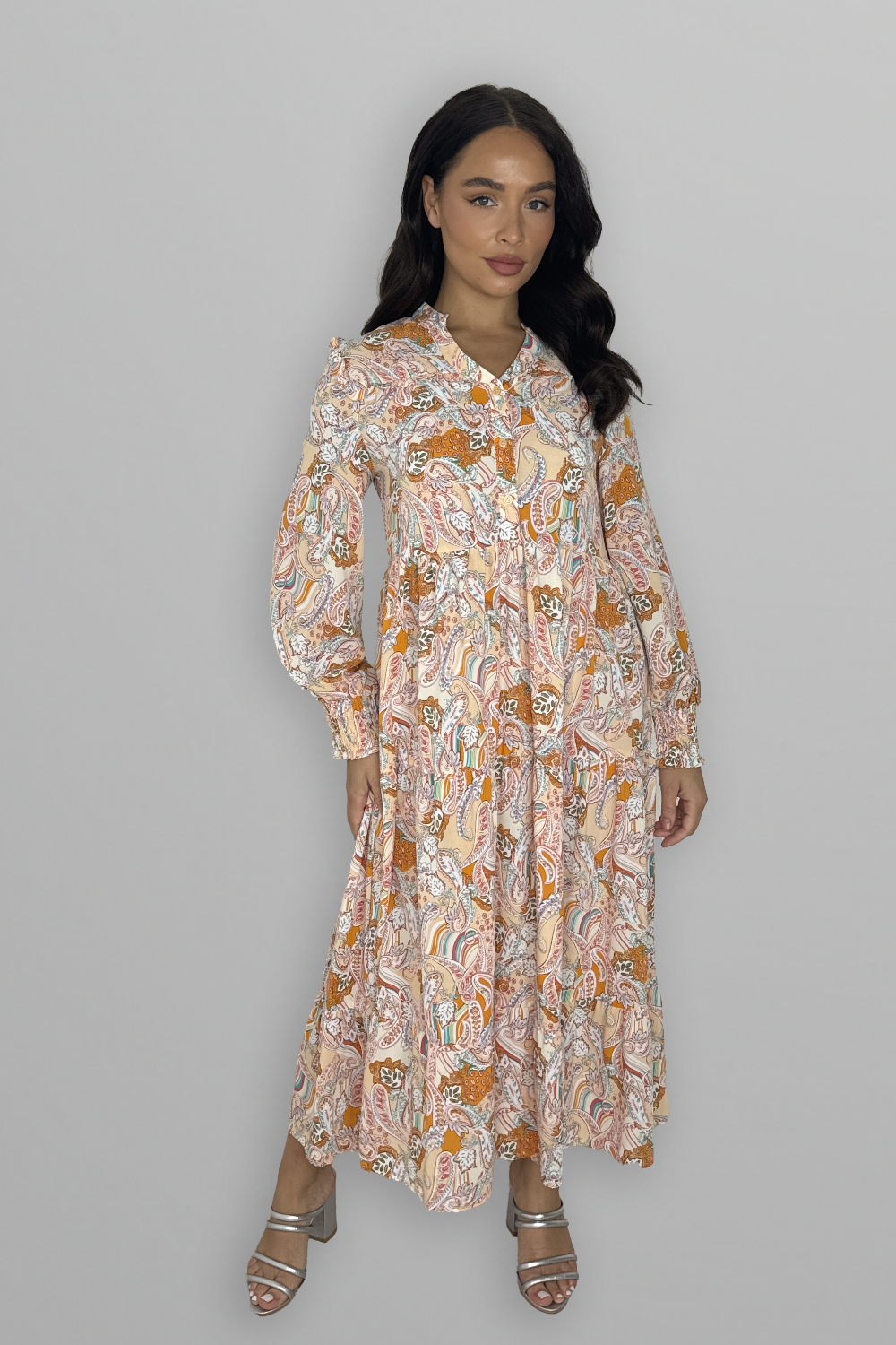 Paisly Print Collarless Button Down Long Tiered Dress-SinglePrice