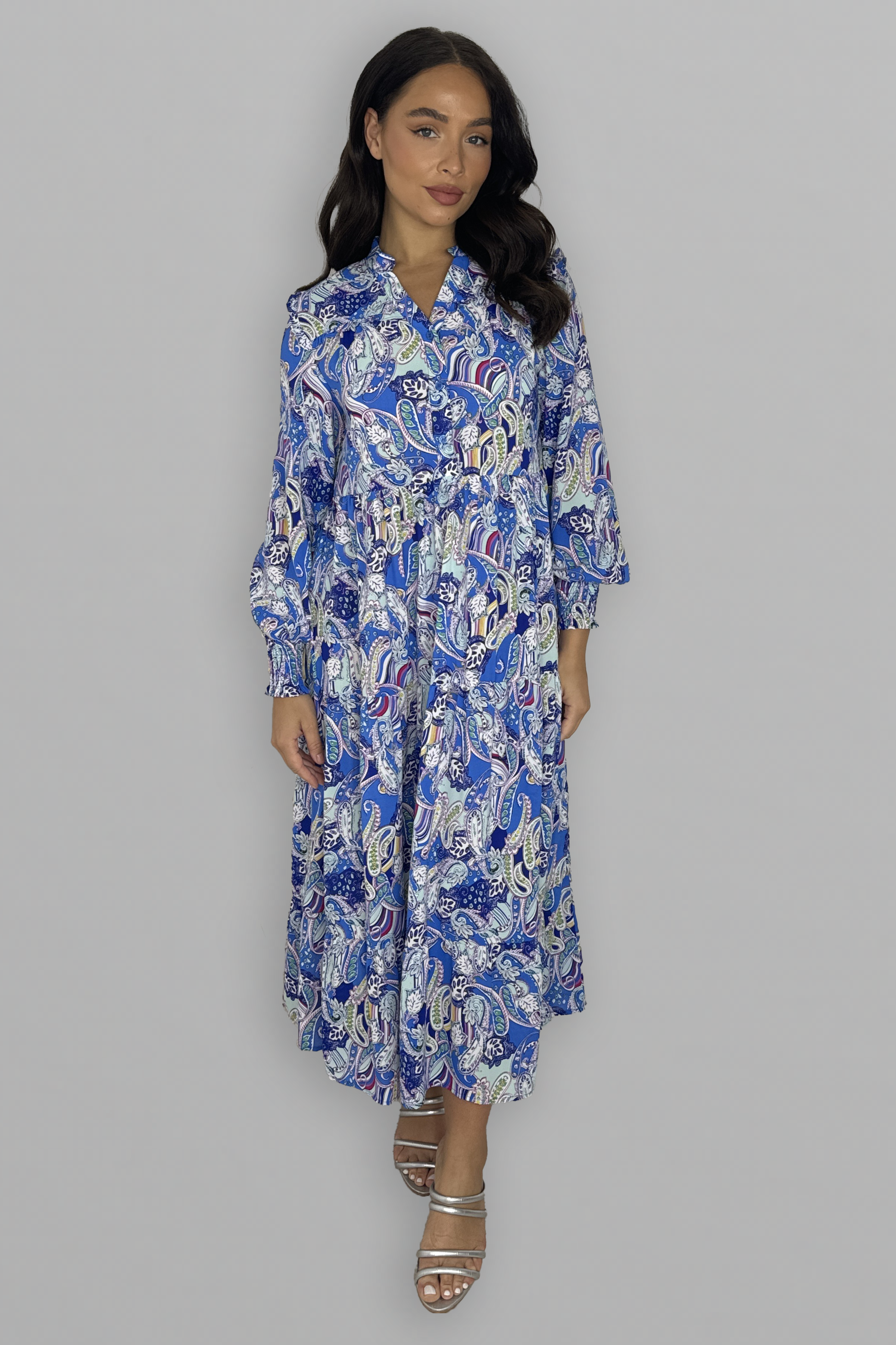 Paisly Print Collarless Button Down Long Tiered Dress-SinglePrice