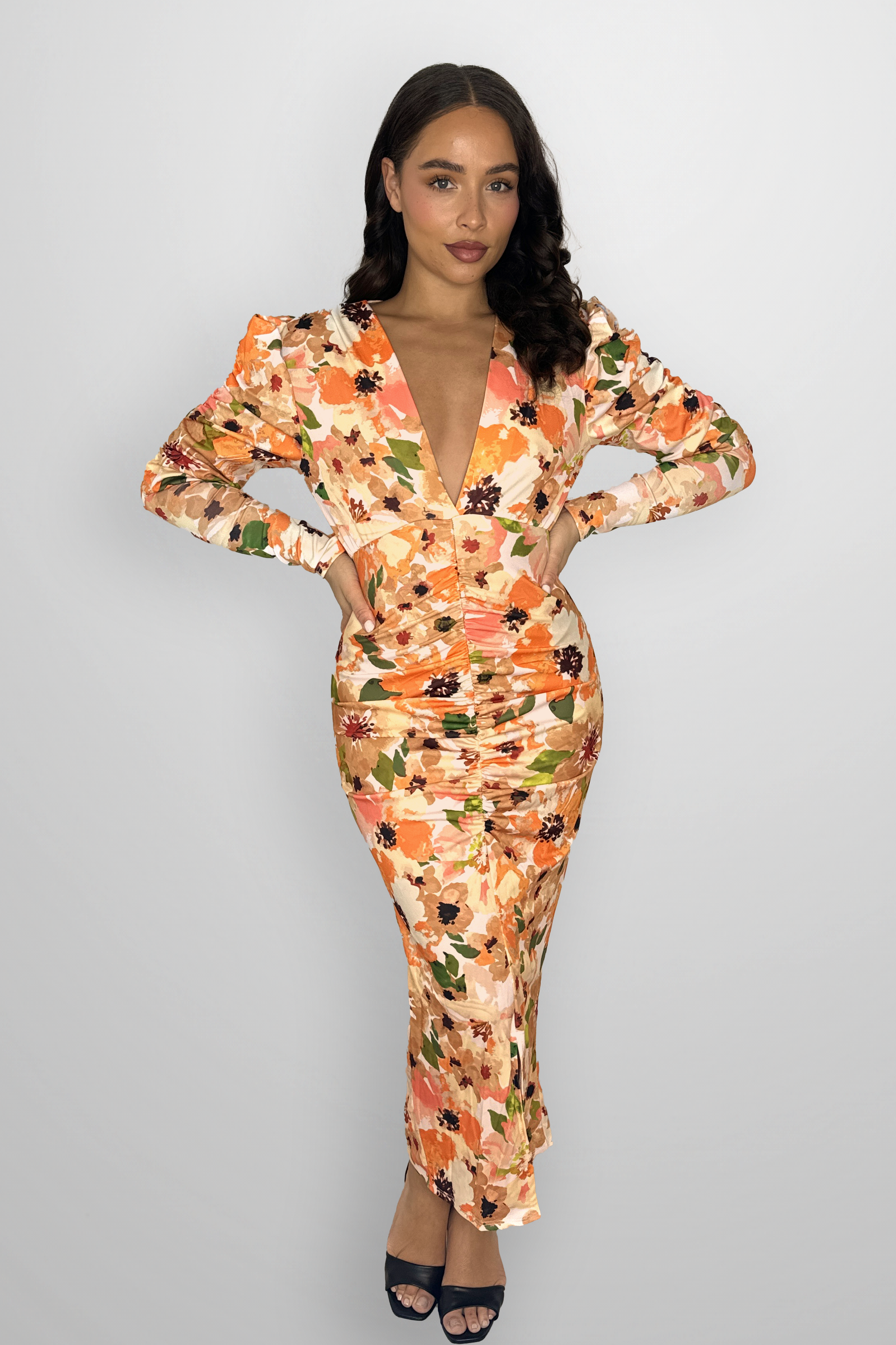 Puff Long Sleeve Floral Pattern Rushed Slit Slinky Long Dress-SinglePrice