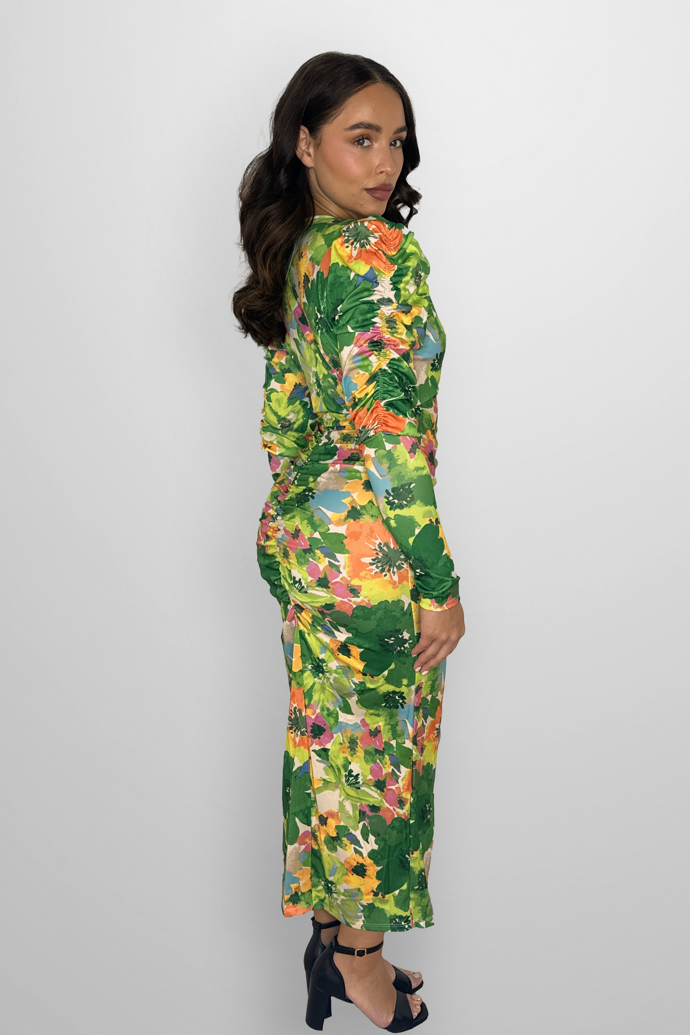 Puff Long Sleeve Floral Pattern Rushed Slit Slinky Long Dress-SinglePrice