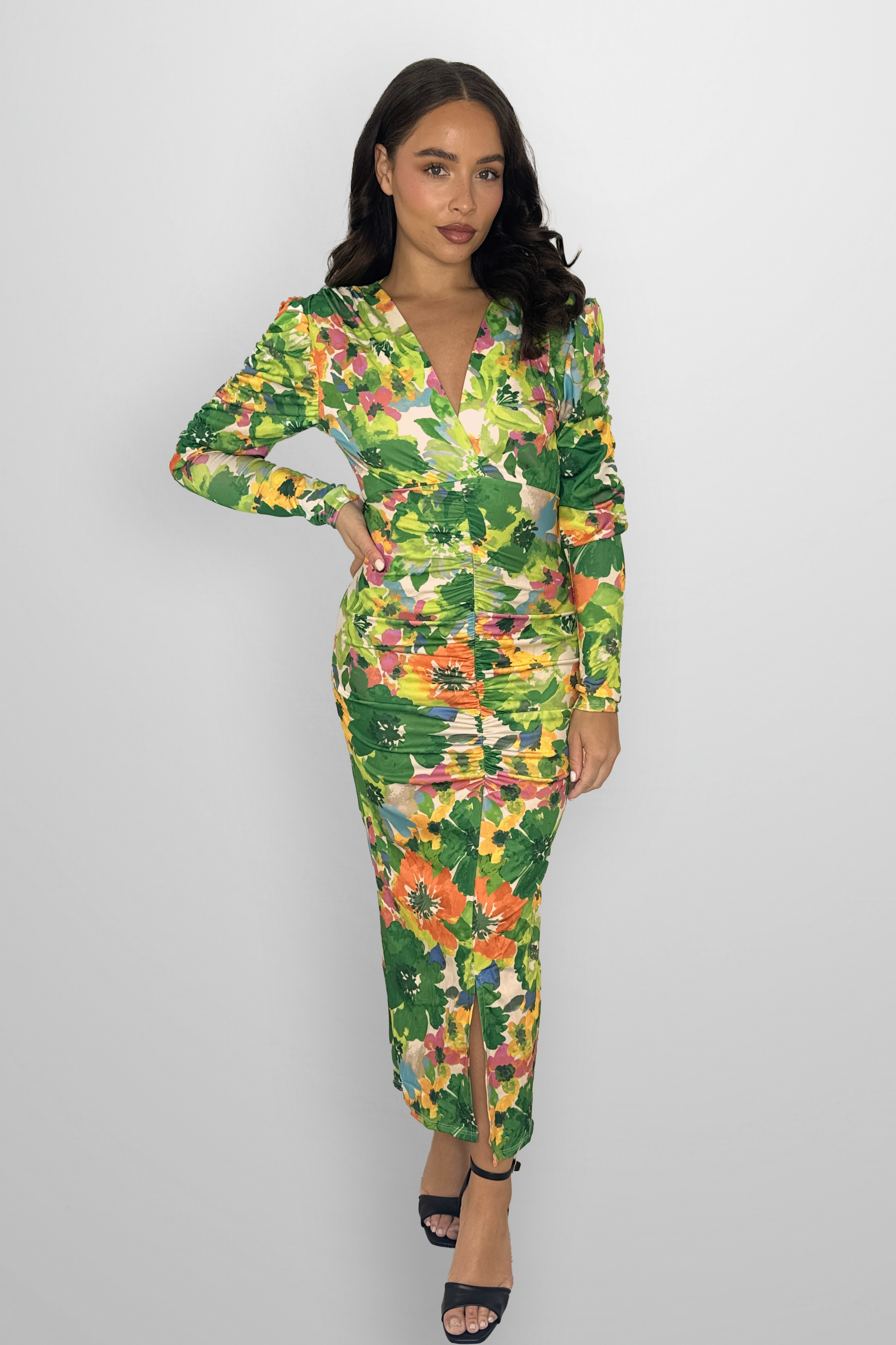 Puff Long Sleeve Floral Pattern Rushed Slit Slinky Long Dress-SinglePrice