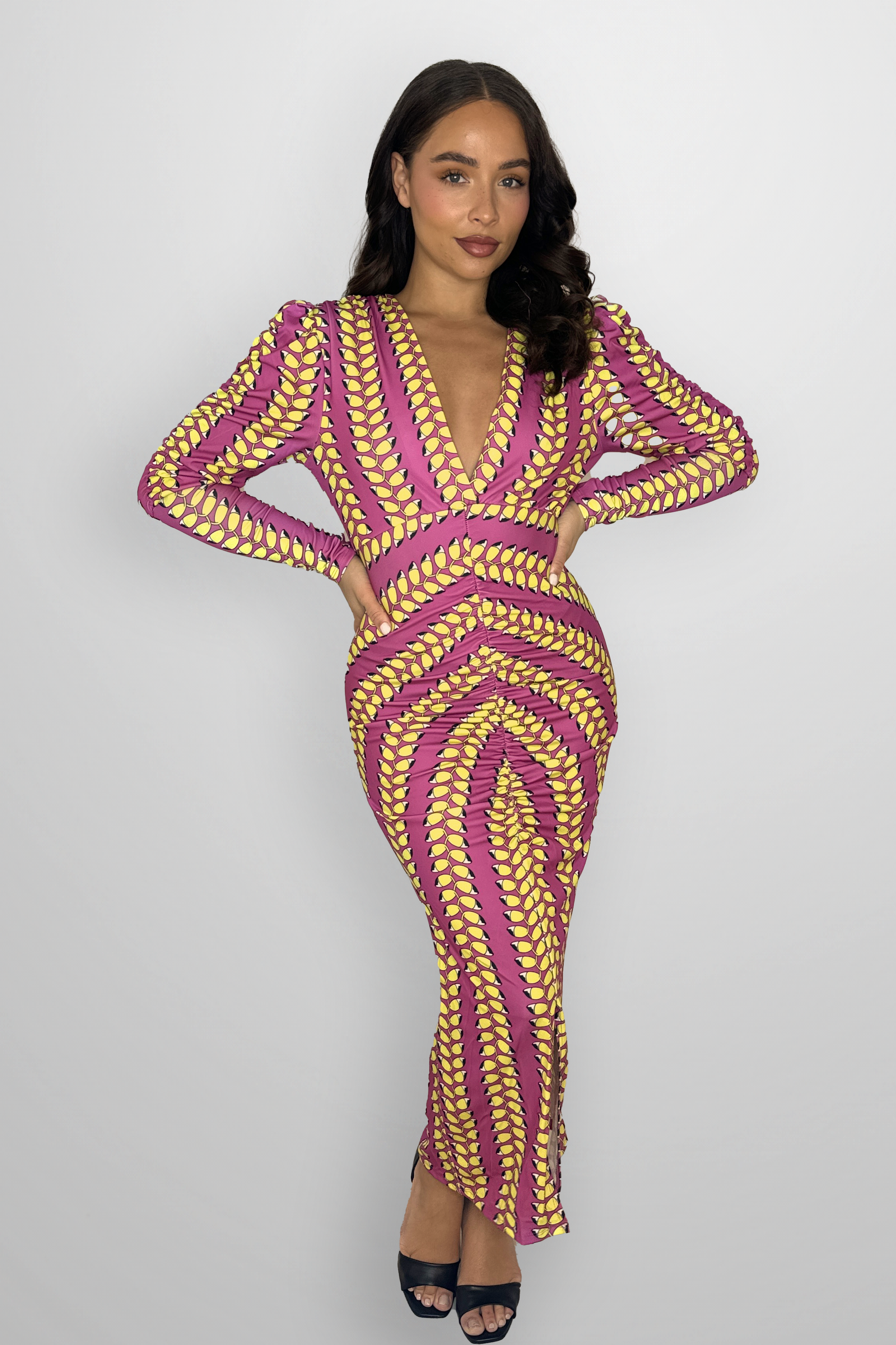 Low Cut Neck Puff Sleeve Contrast Print Ruched Long Bodycon Dress-SinglePrice