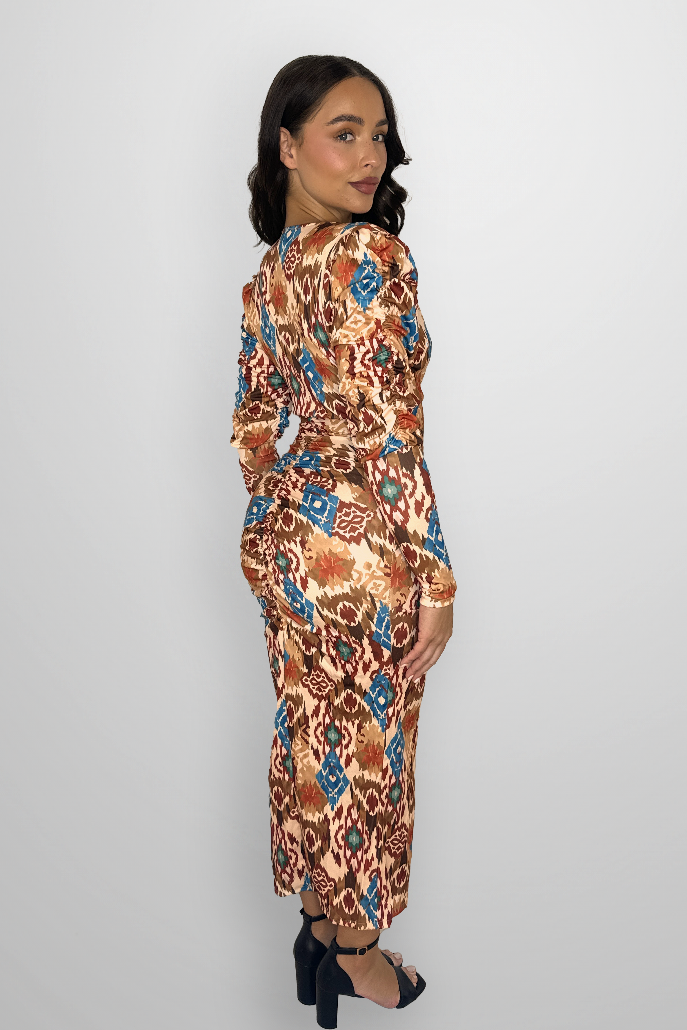 Puff Long Sleeve Aztec Print Rushed Slit Slinky Long Dress-SinglePrice