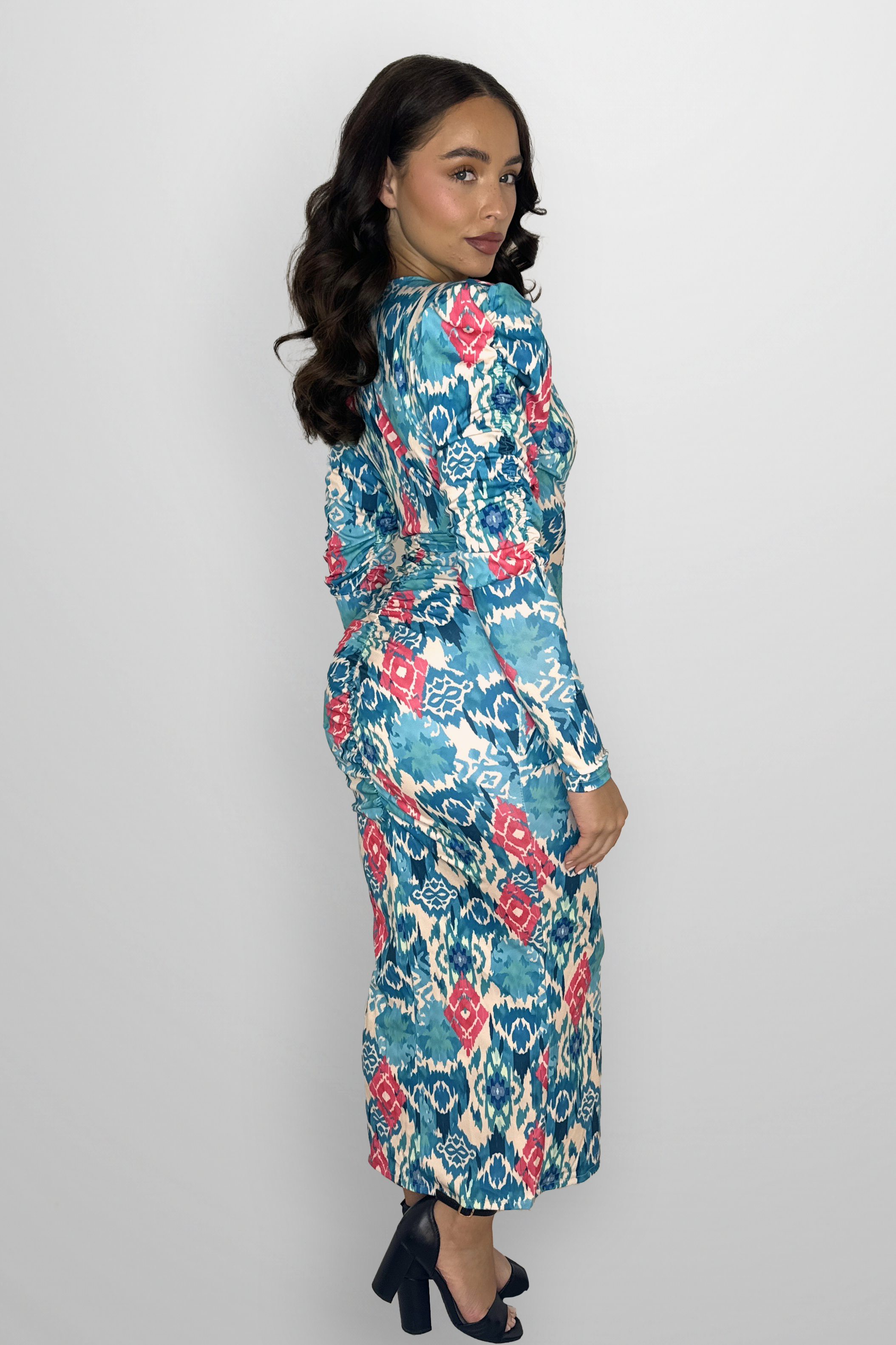 Puff Long Sleeve Aztec Print Rushed Slit Slinky Long Dress-SinglePrice