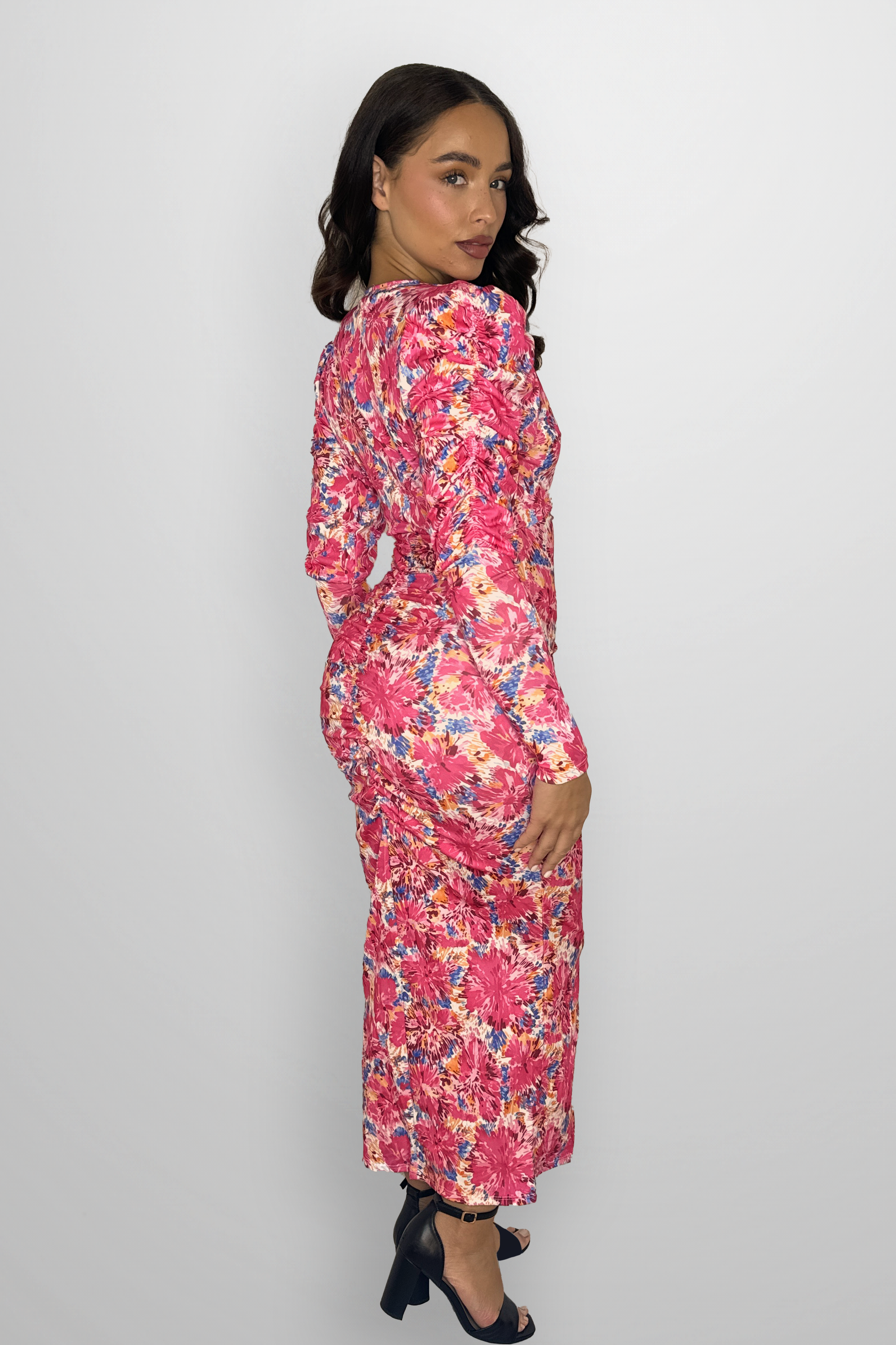 Puff Long Sleeve Floral Print Rushed Slit Slinky Long Dress-SinglePrice