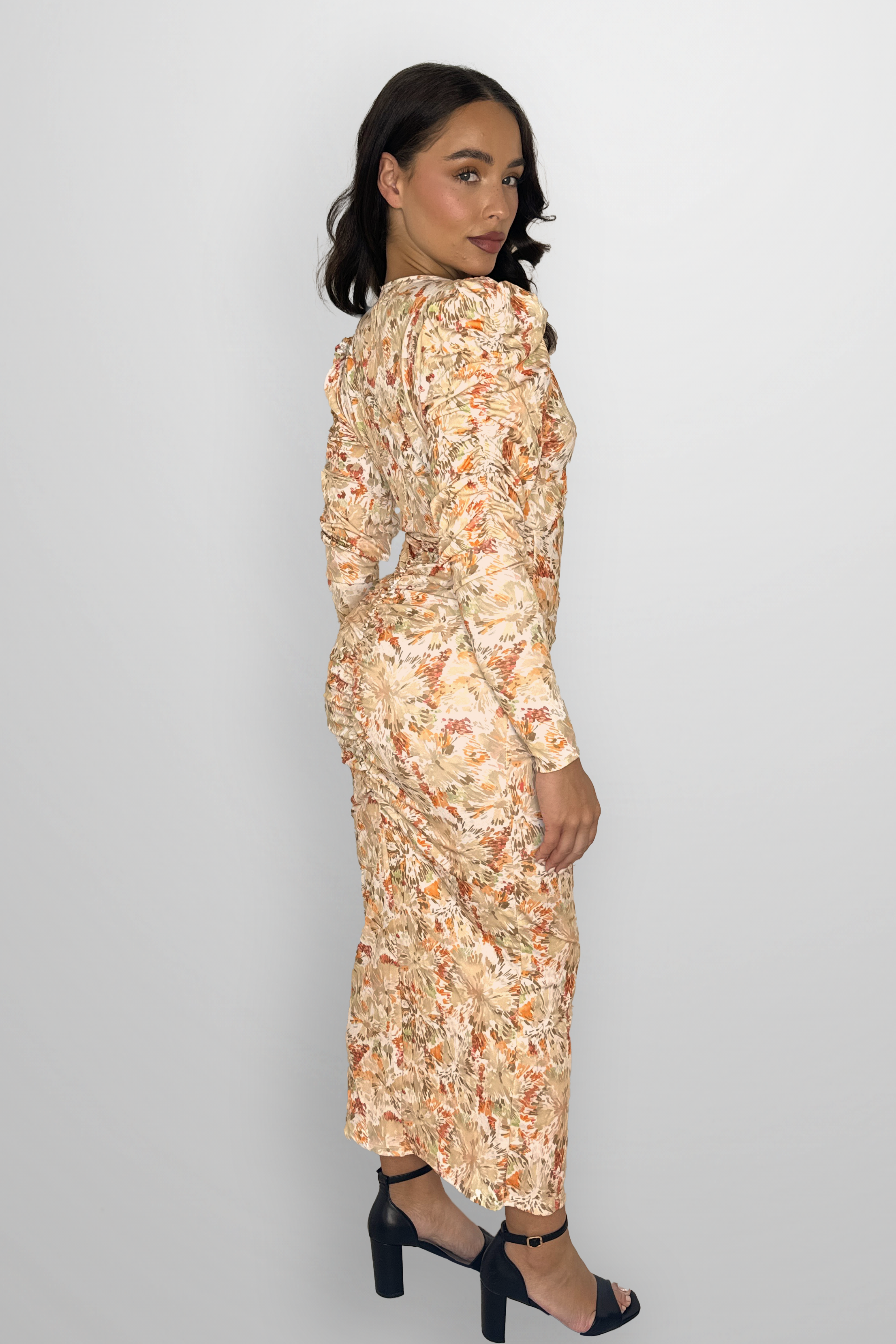 Puff Long Sleeve Floral Print Rushed Slit Slinky Long Dress-SinglePrice