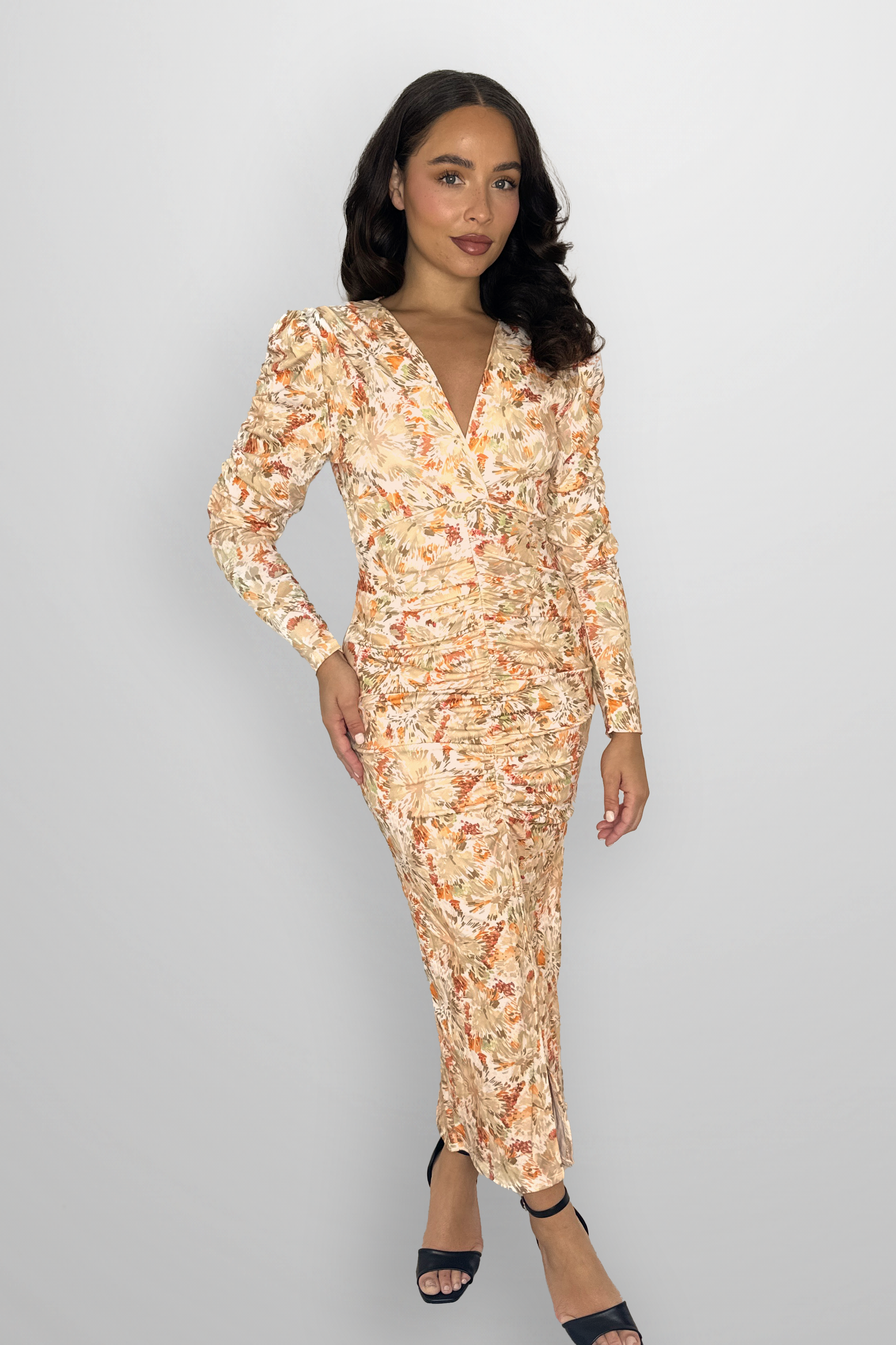 Puff Long Sleeve Floral Print Rushed Slit Slinky Long Dress-SinglePrice