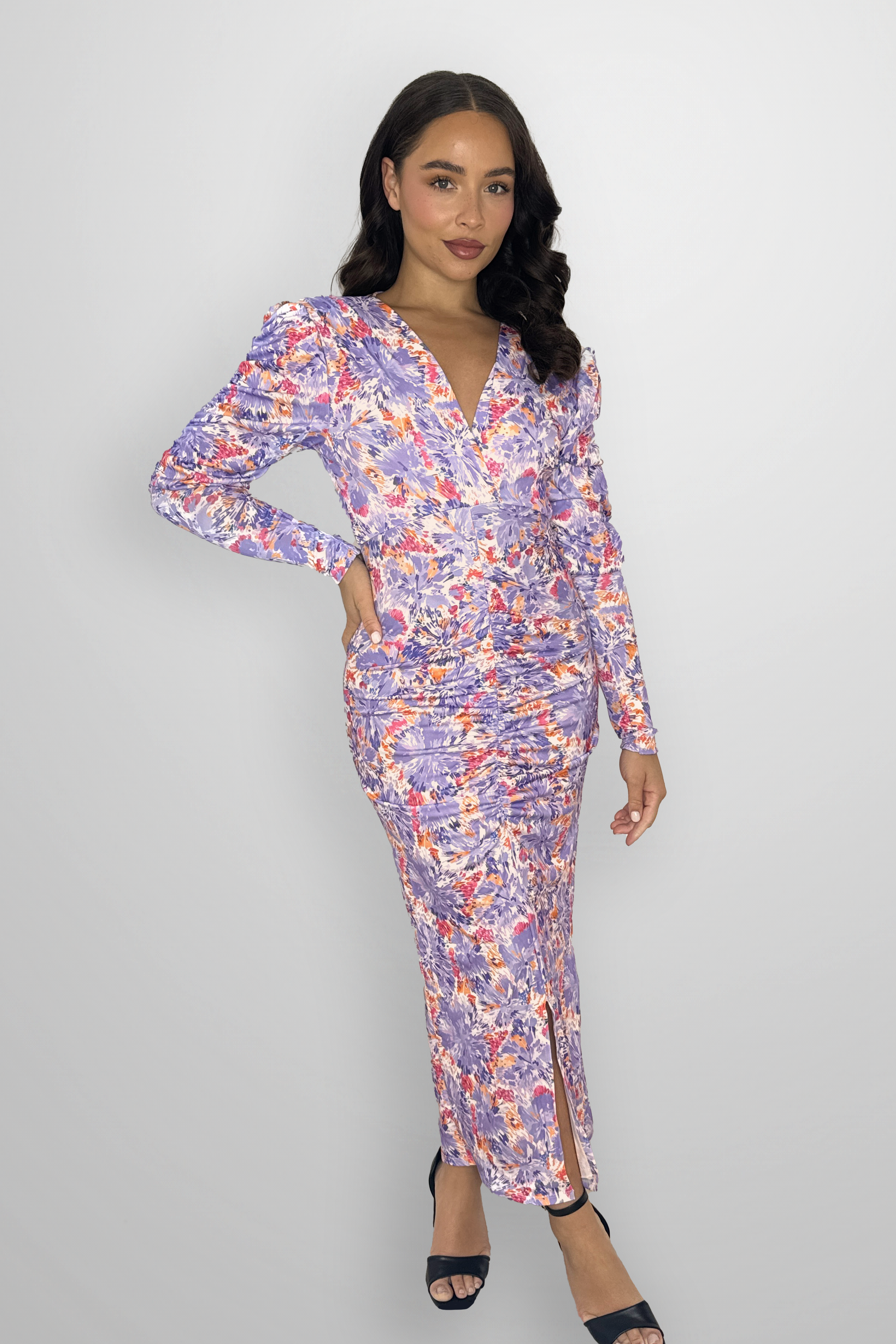 Puff Long Sleeve Floral Print Rushed Slit Slinky Long Dress-SinglePrice