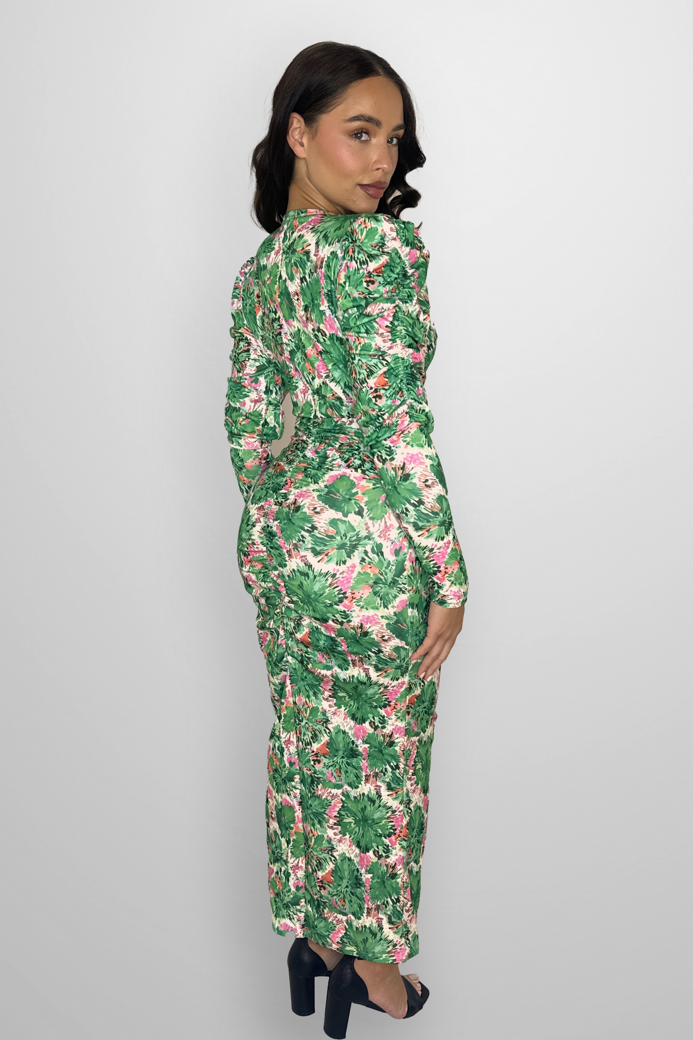 Puff Long Sleeve Floral Print Rushed Slit Slinky Long Dress-SinglePrice