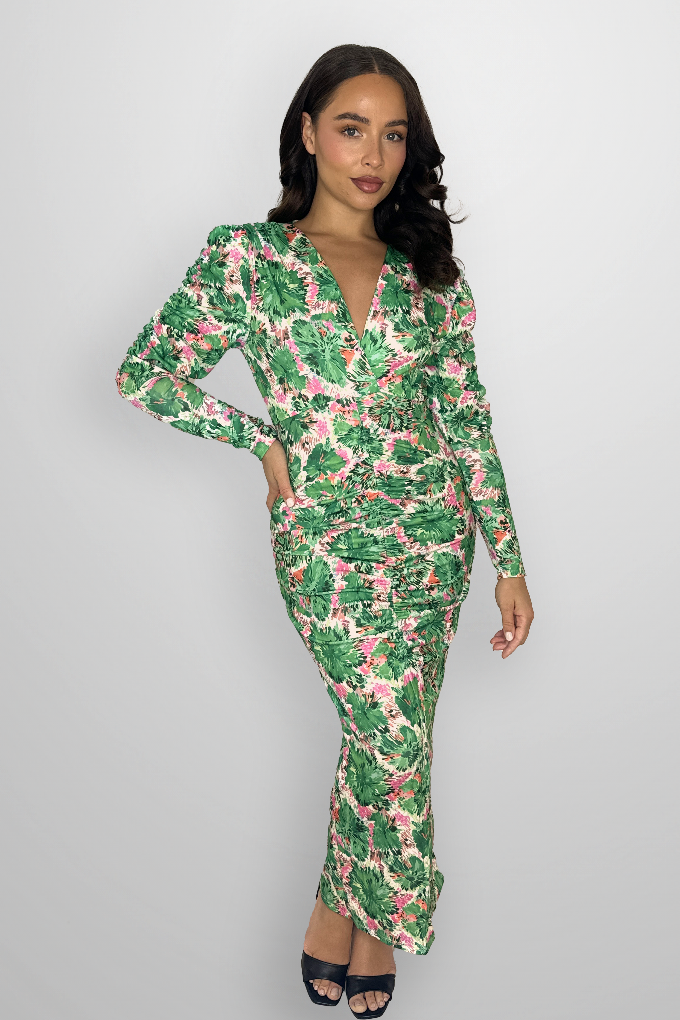 Puff Long Sleeve Floral Print Rushed Slit Slinky Long Dress-SinglePrice