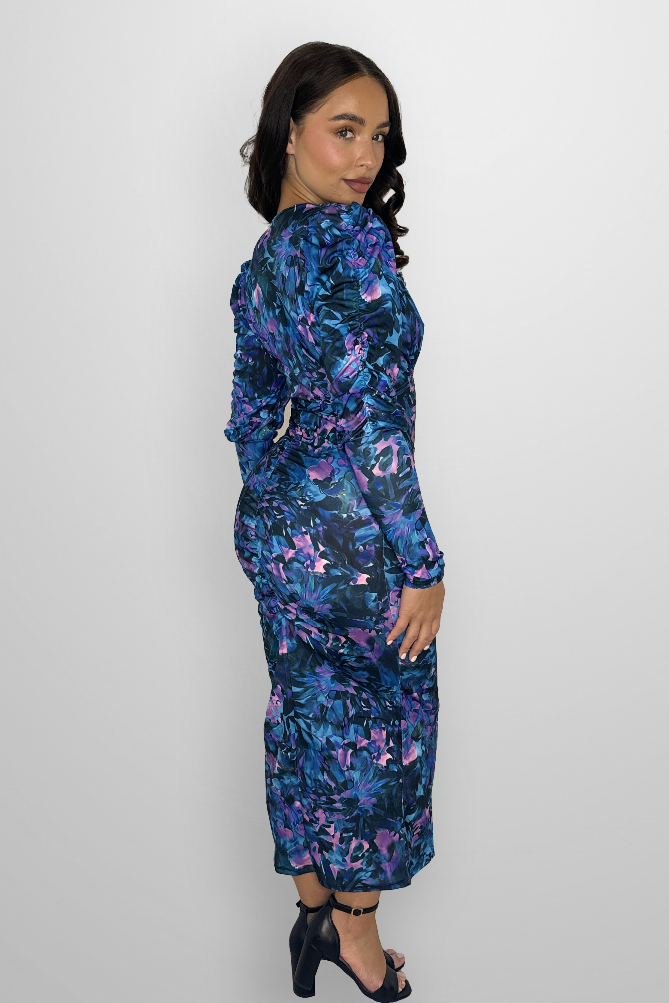 Puff Long Sleeve Multi Watercolour Print Rushed Slit Slinky Long Dress-SinglePrice