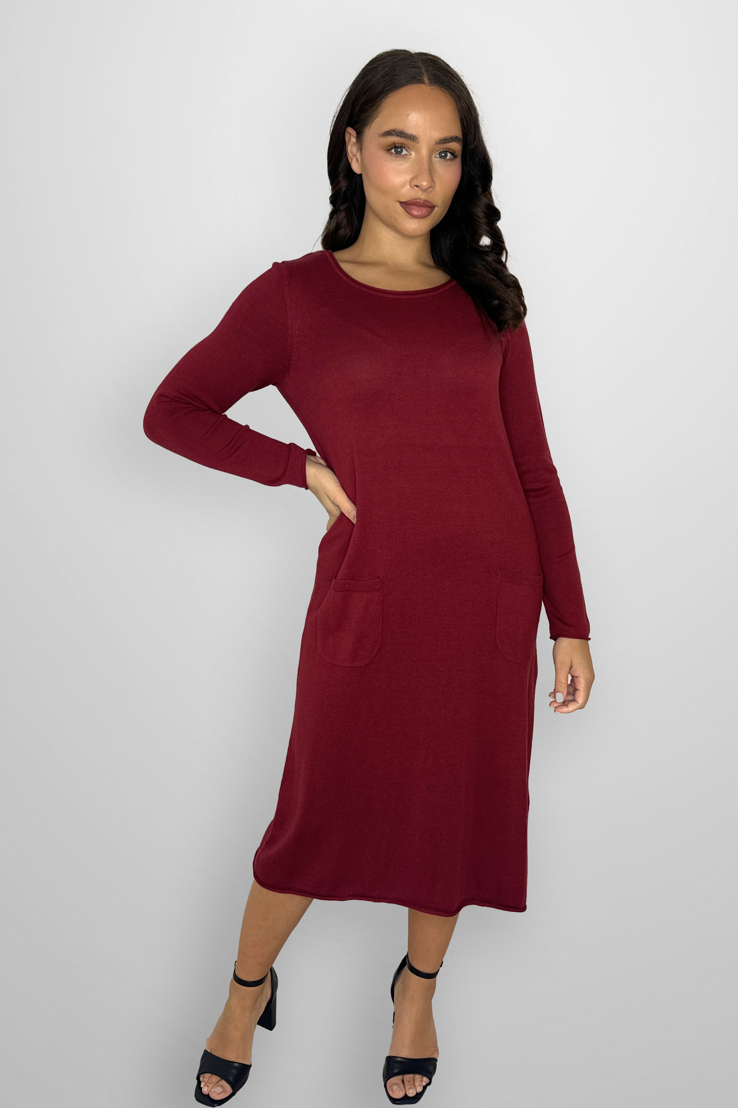 Flat Knit Viscose Blend Long Sleeve A-Line Midi Dress-SinglePrice