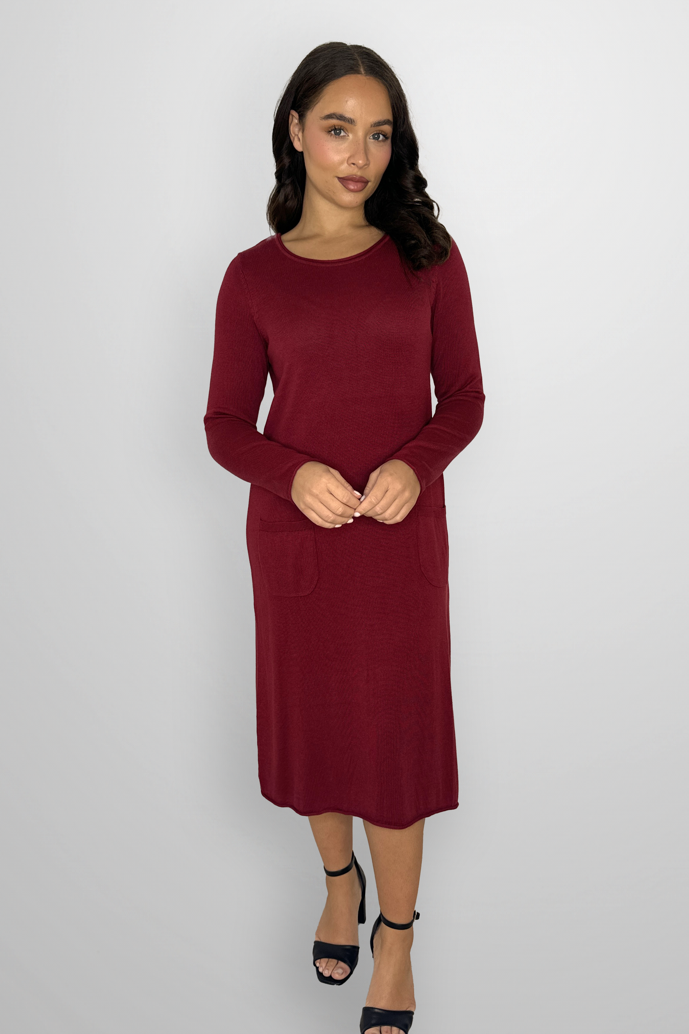 Flat Knit Viscose Blend Long Sleeve A-Line Midi Dress-SinglePrice