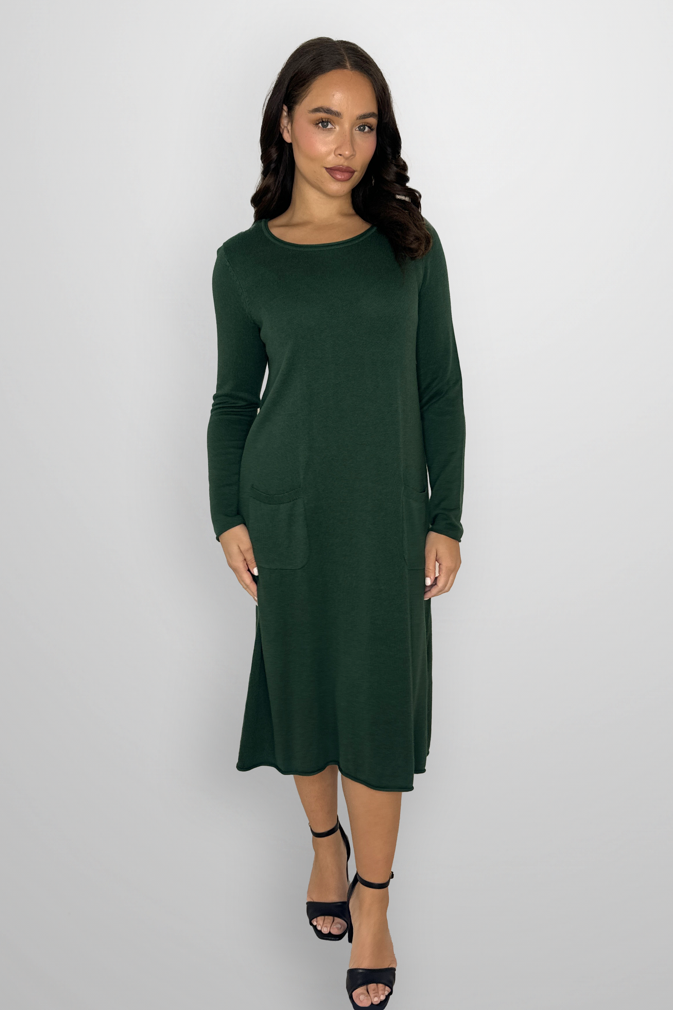 Flat Knit Viscose Blend Long Sleeve A-Line Midi Dress-SinglePrice