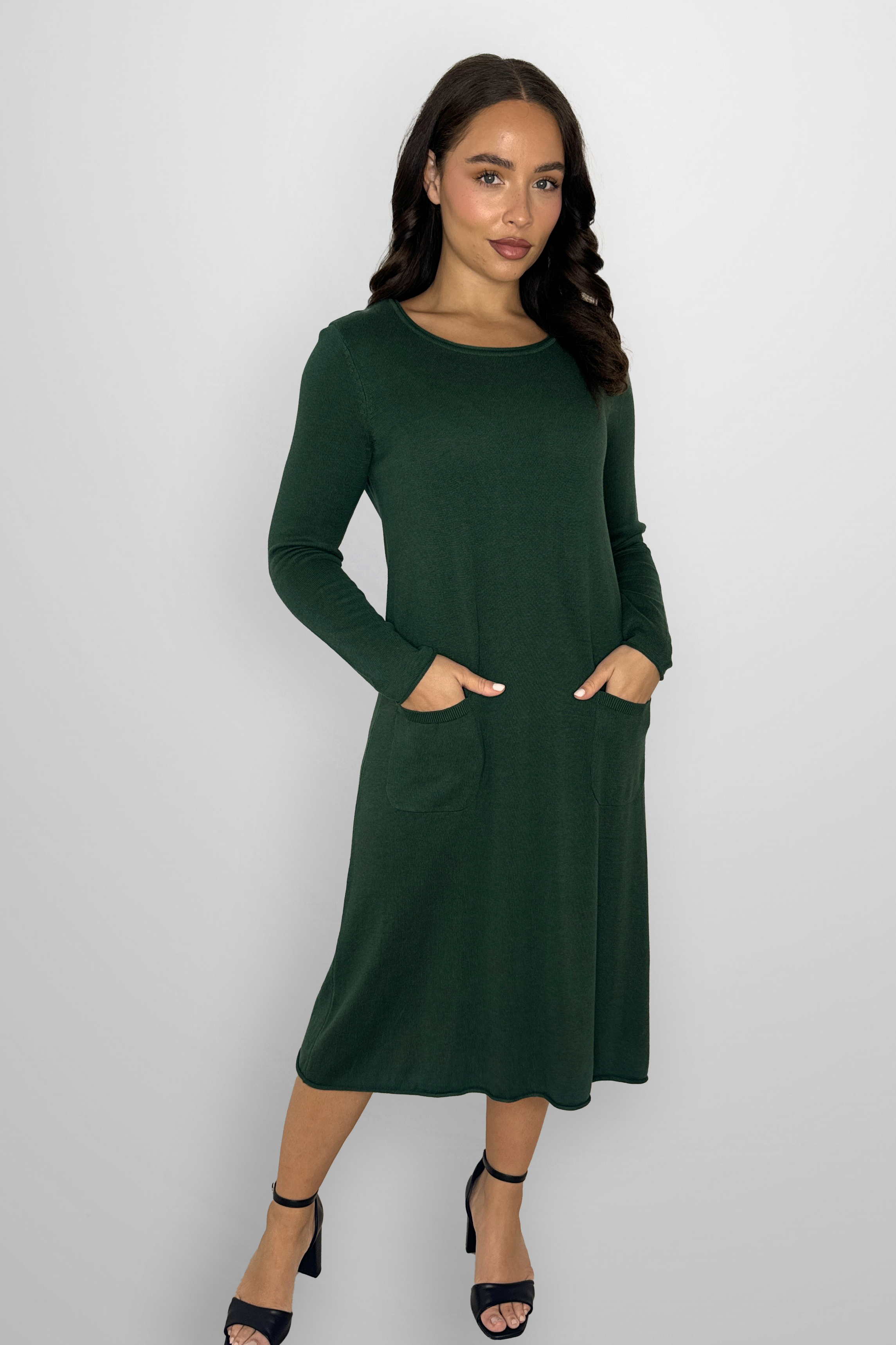 Flat Knit Viscose Blend Long Sleeve A-Line Midi Dress-SinglePrice