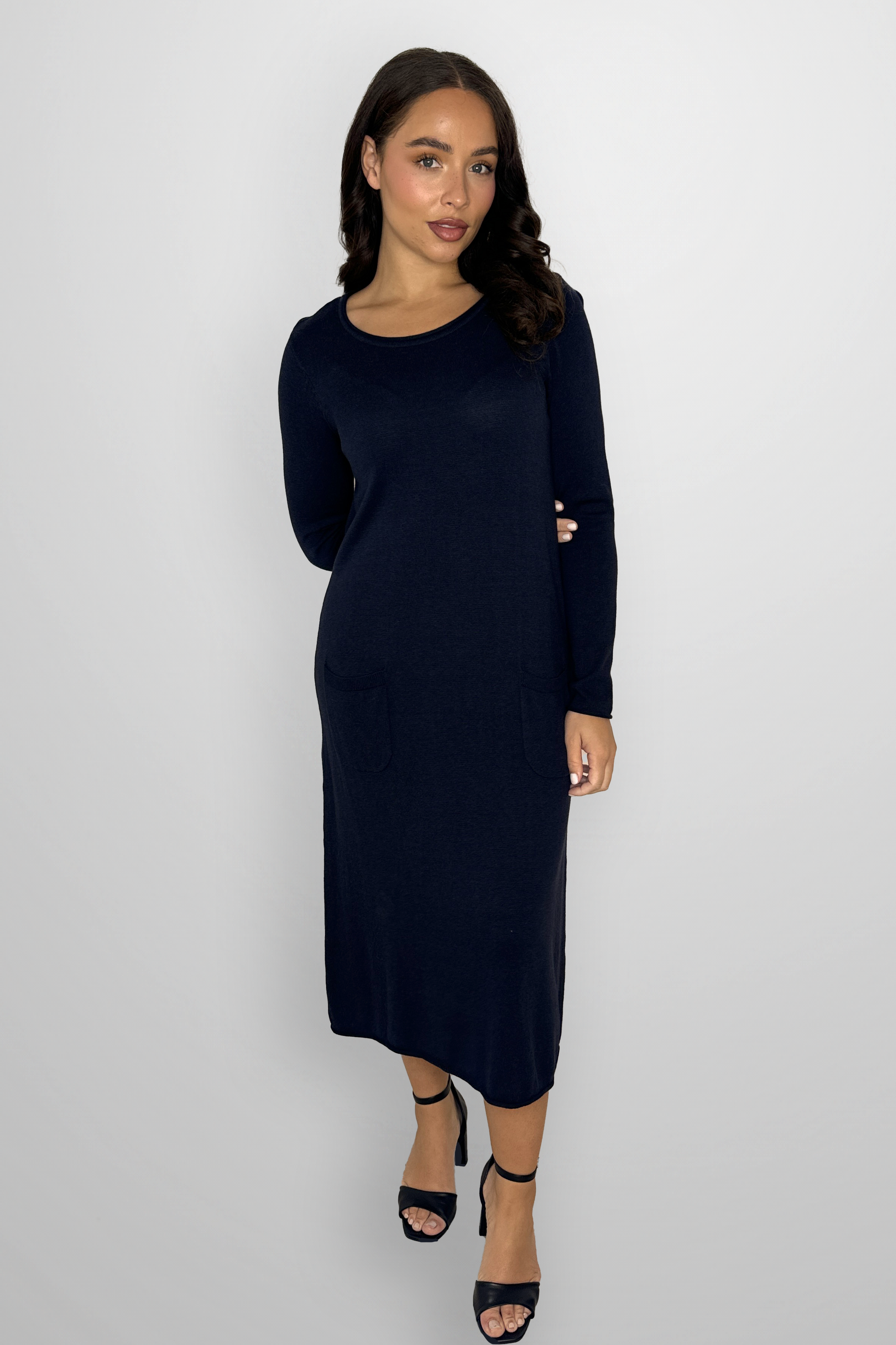 Flat Knit Viscose Blend Long Sleeve A-Line Midi Dress-SinglePrice