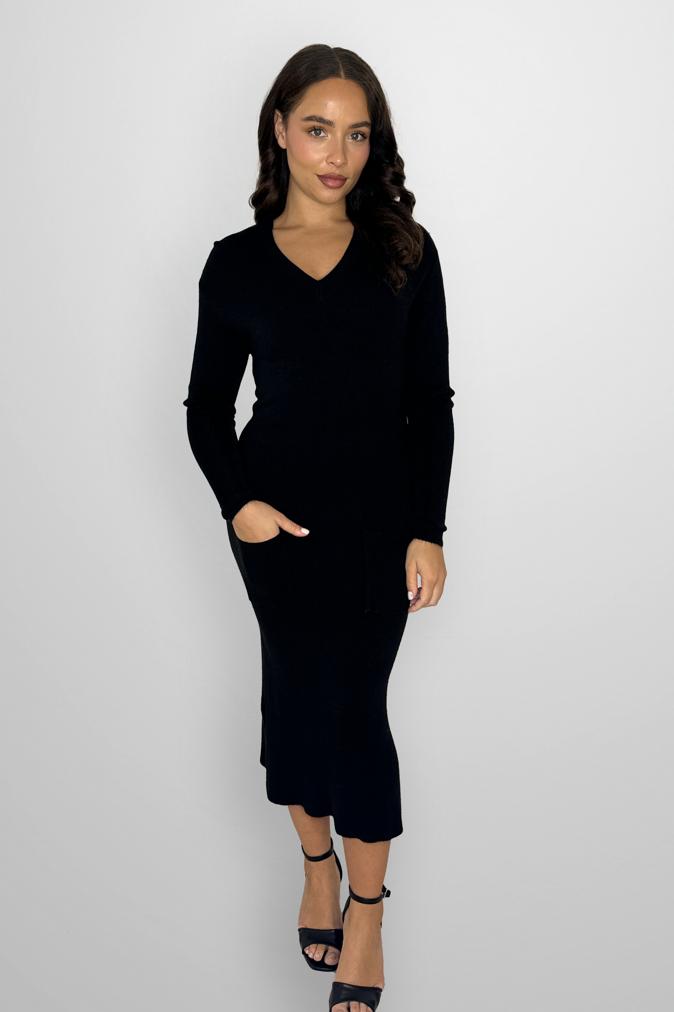 Flat Knit Viscose Blend Long Sleeve A-Line Midi Dress-SinglePrice