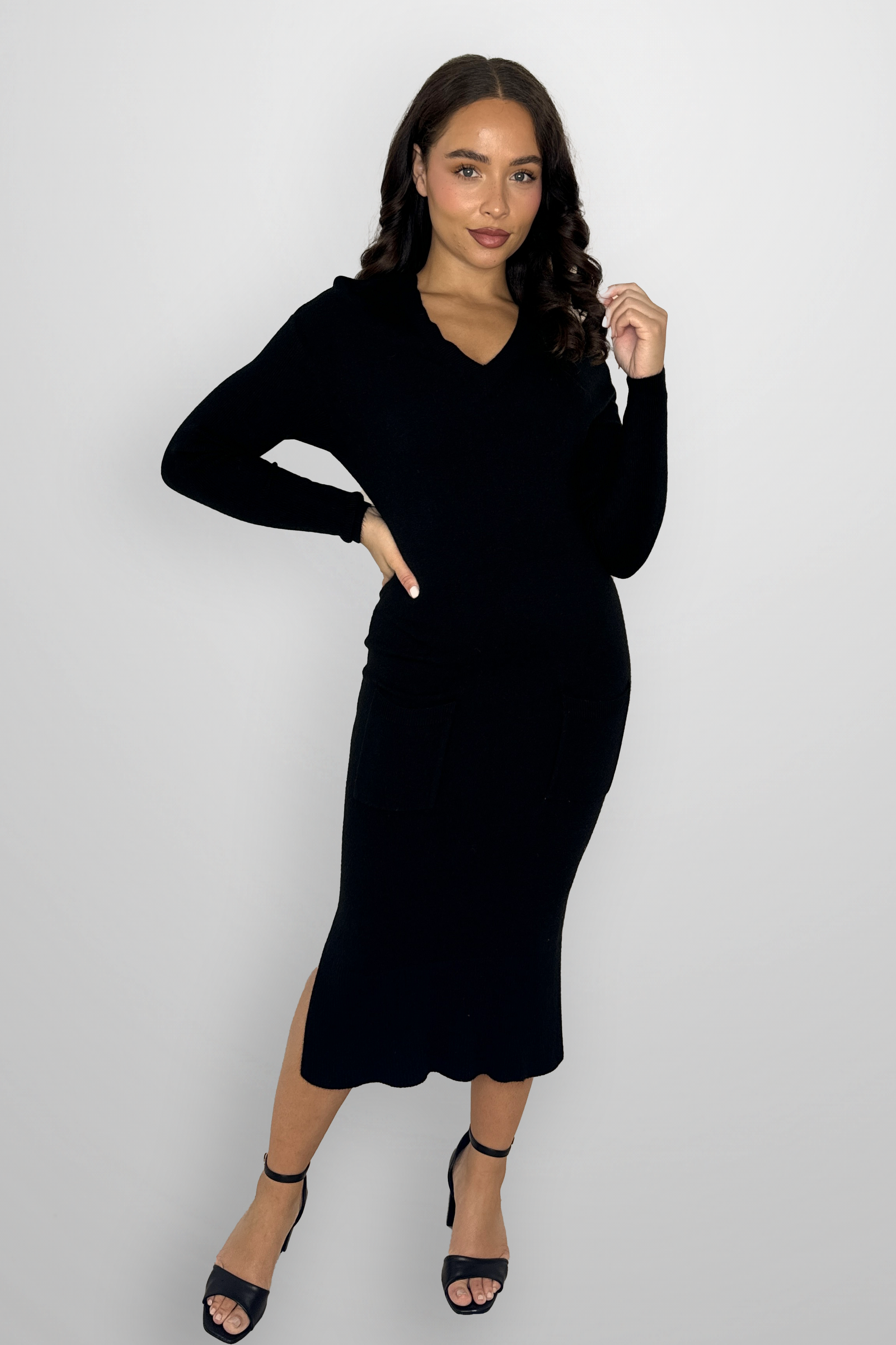 Flat Knit Viscose Blend Long Sleeve A-Line Midi Dress-SinglePrice