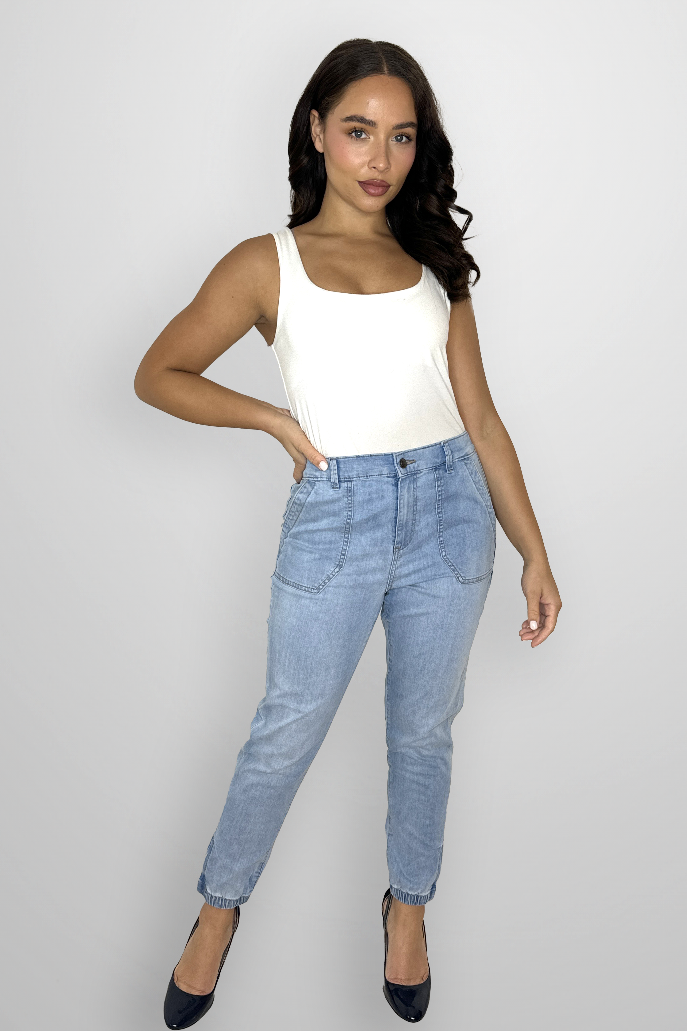 Elasticated Waist Tapered Leg Denim Trousers-SinglePrice