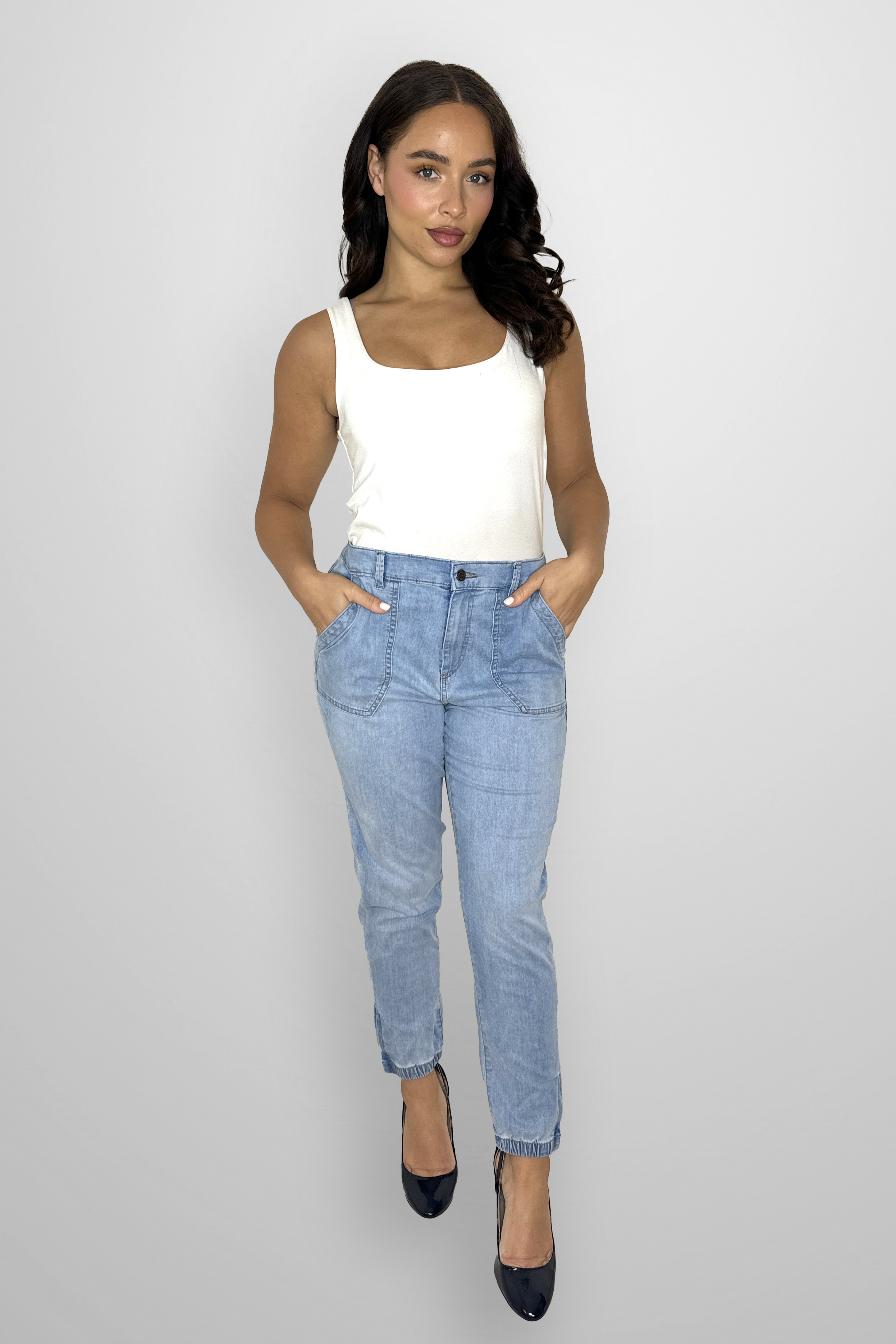 Elasticated Waist Tapered Leg Denim Trousers-SinglePrice