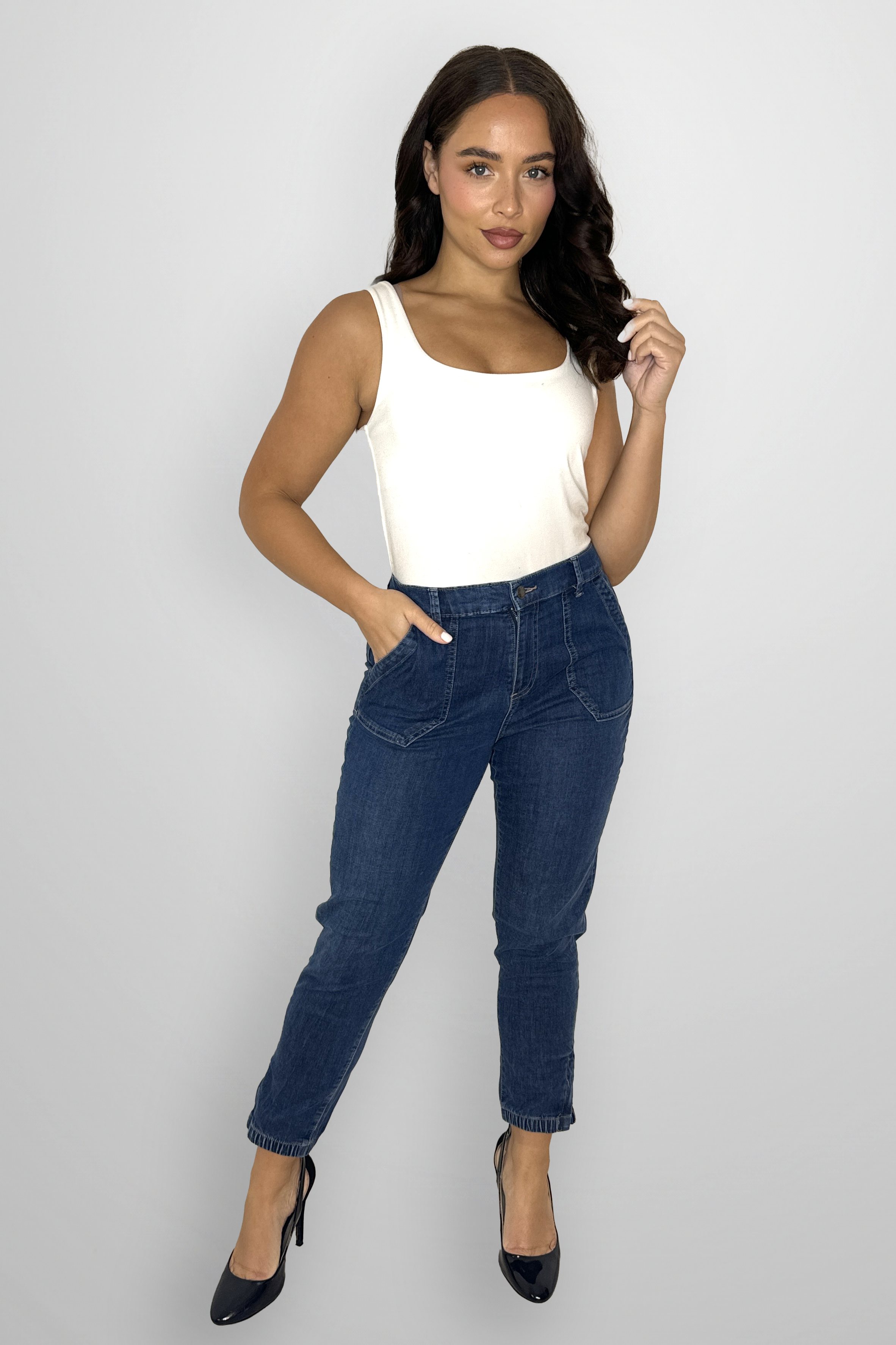 Elasticated Waist Tapered Leg Denim Trousers-SinglePrice