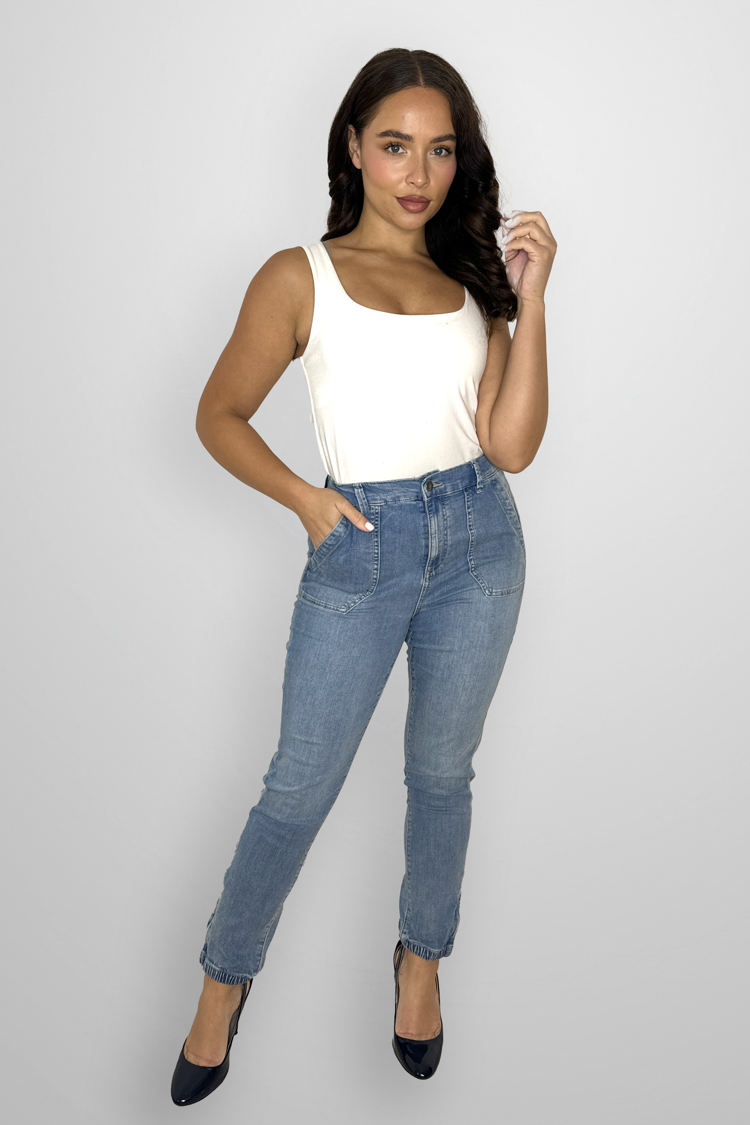 Elasticated Waist Tapered Leg Denim Trousers-SinglePrice