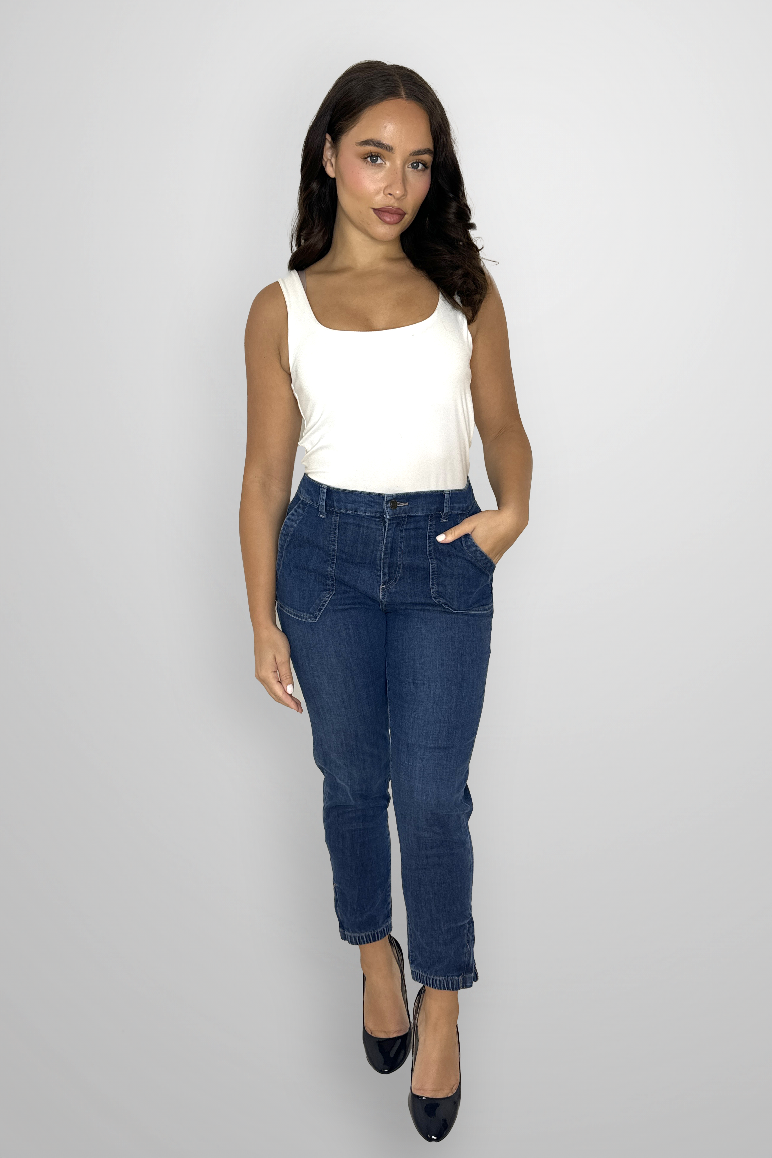 Elasticated Waist Tapered Leg Denim Trousers-SinglePrice