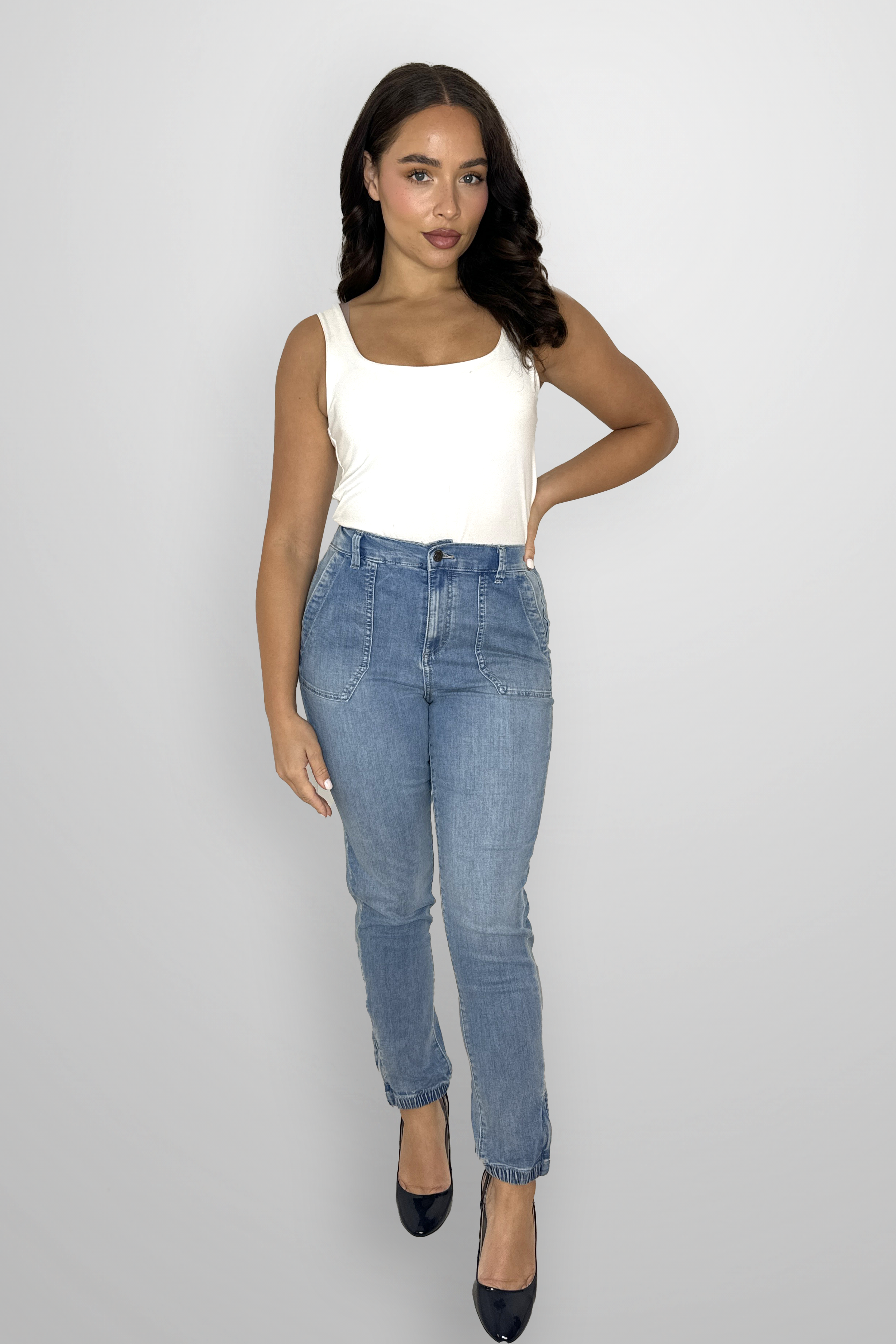 Elasticated Waist Tapered Leg Denim Trousers-SinglePrice