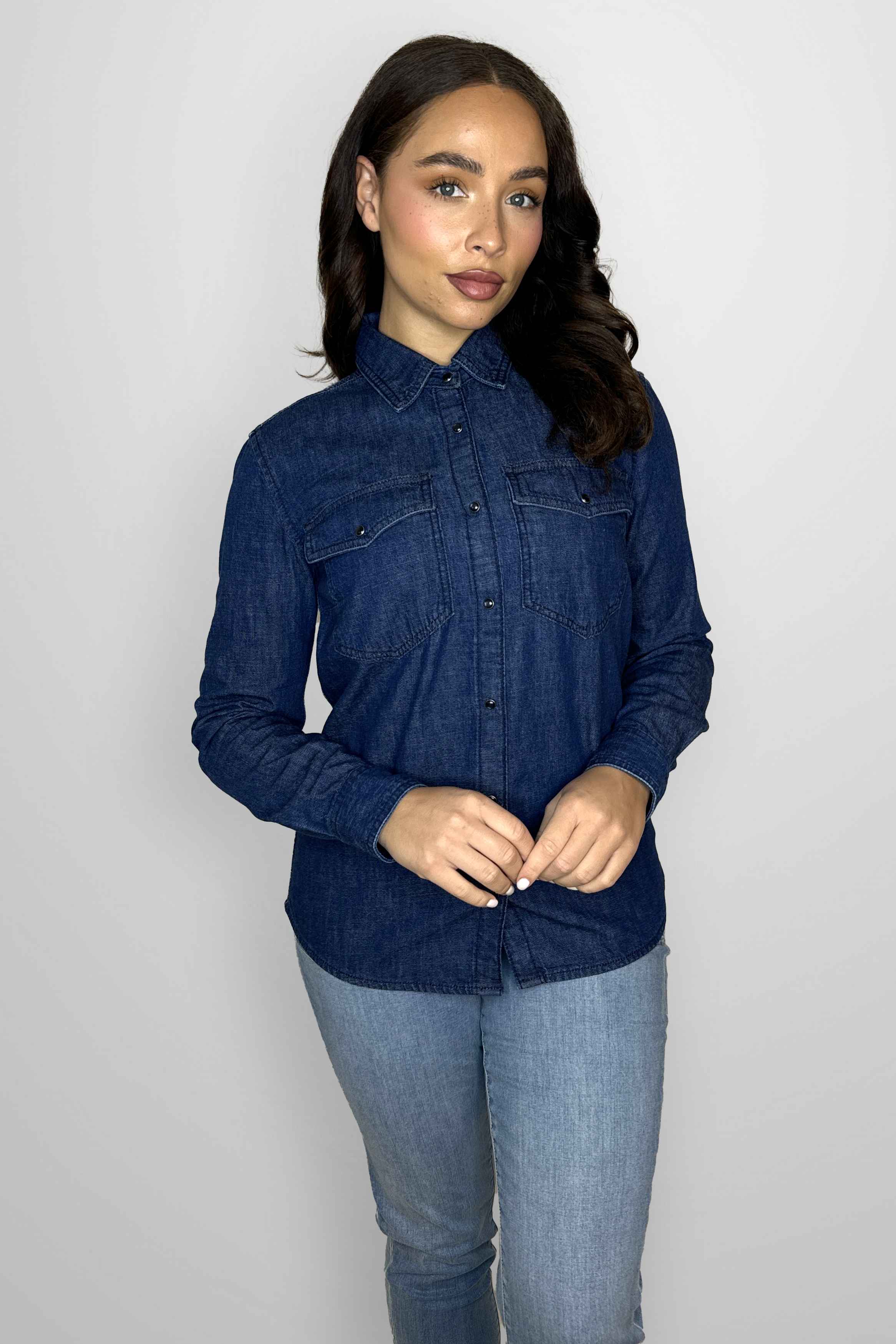 Contrast Stitching Popper Fastening Classic Denim Shirt-SinglePrice