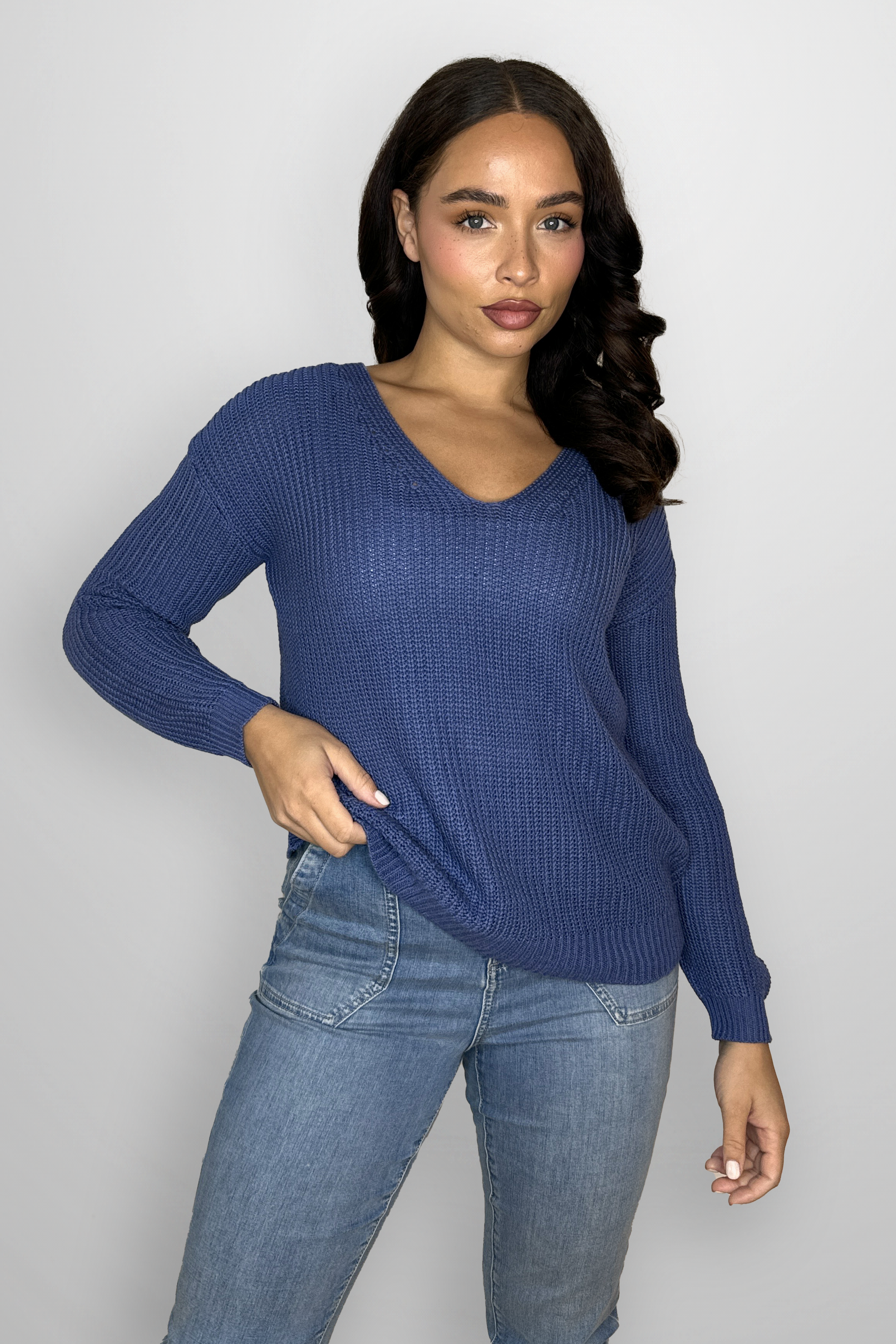 Cotton Blend Chunky Knit V-Cut Sweatshirt-SinglePrice