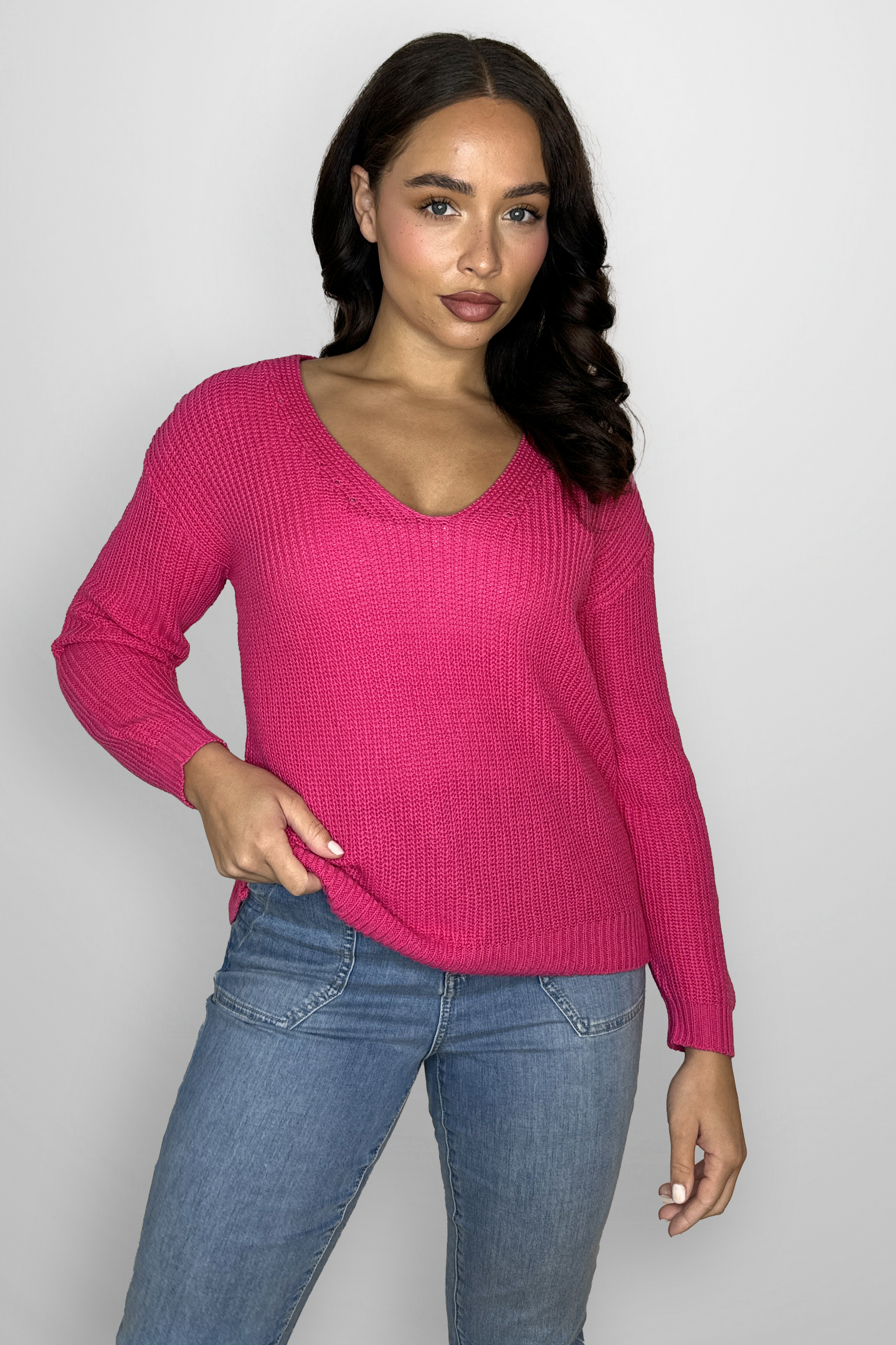 Cotton Blend Chunky Knit V-Cut Sweatshirt-SinglePrice