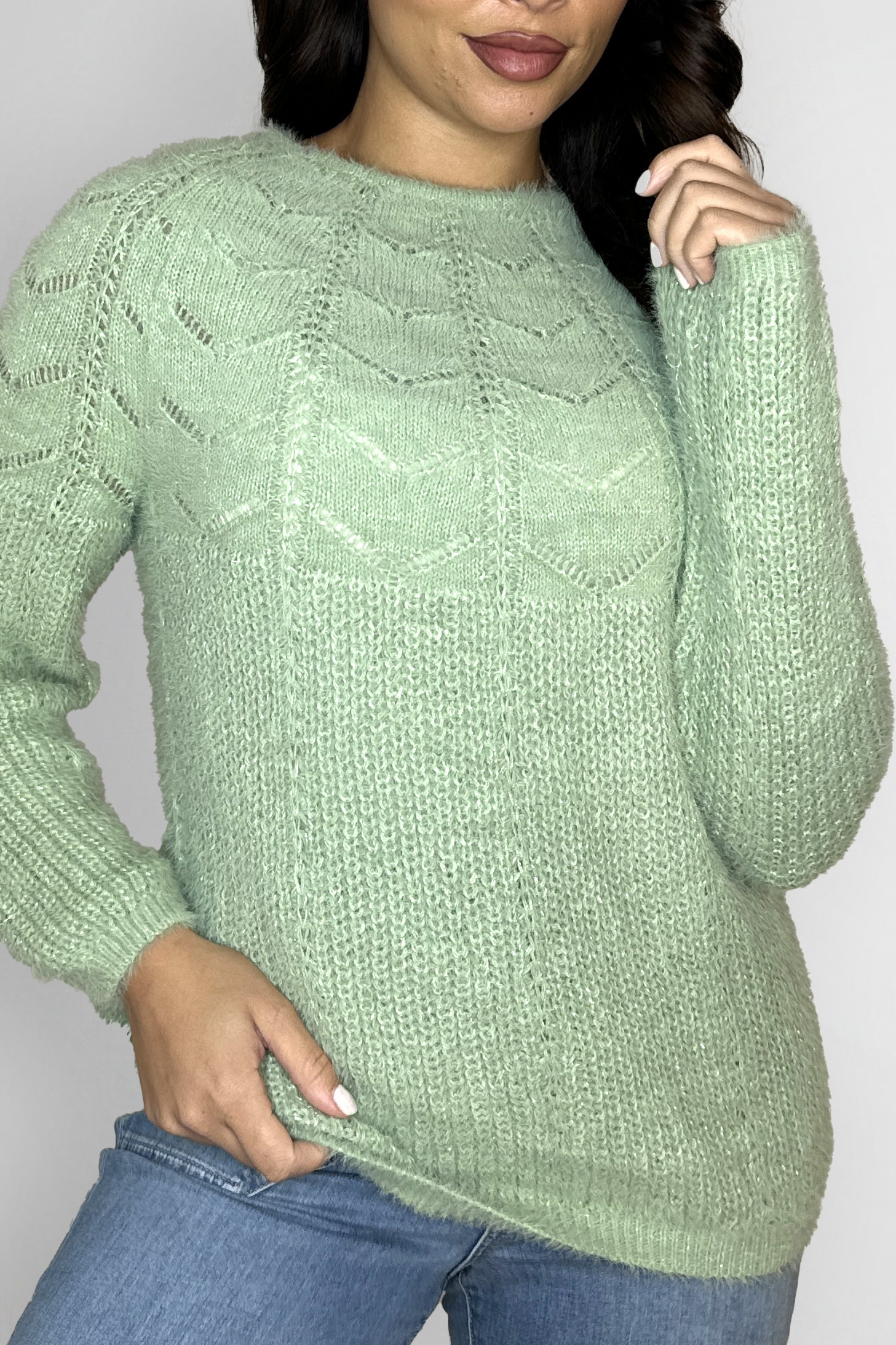 Perforated Chunky Knitted Fluffy Lurex Jumper-SinglePrice