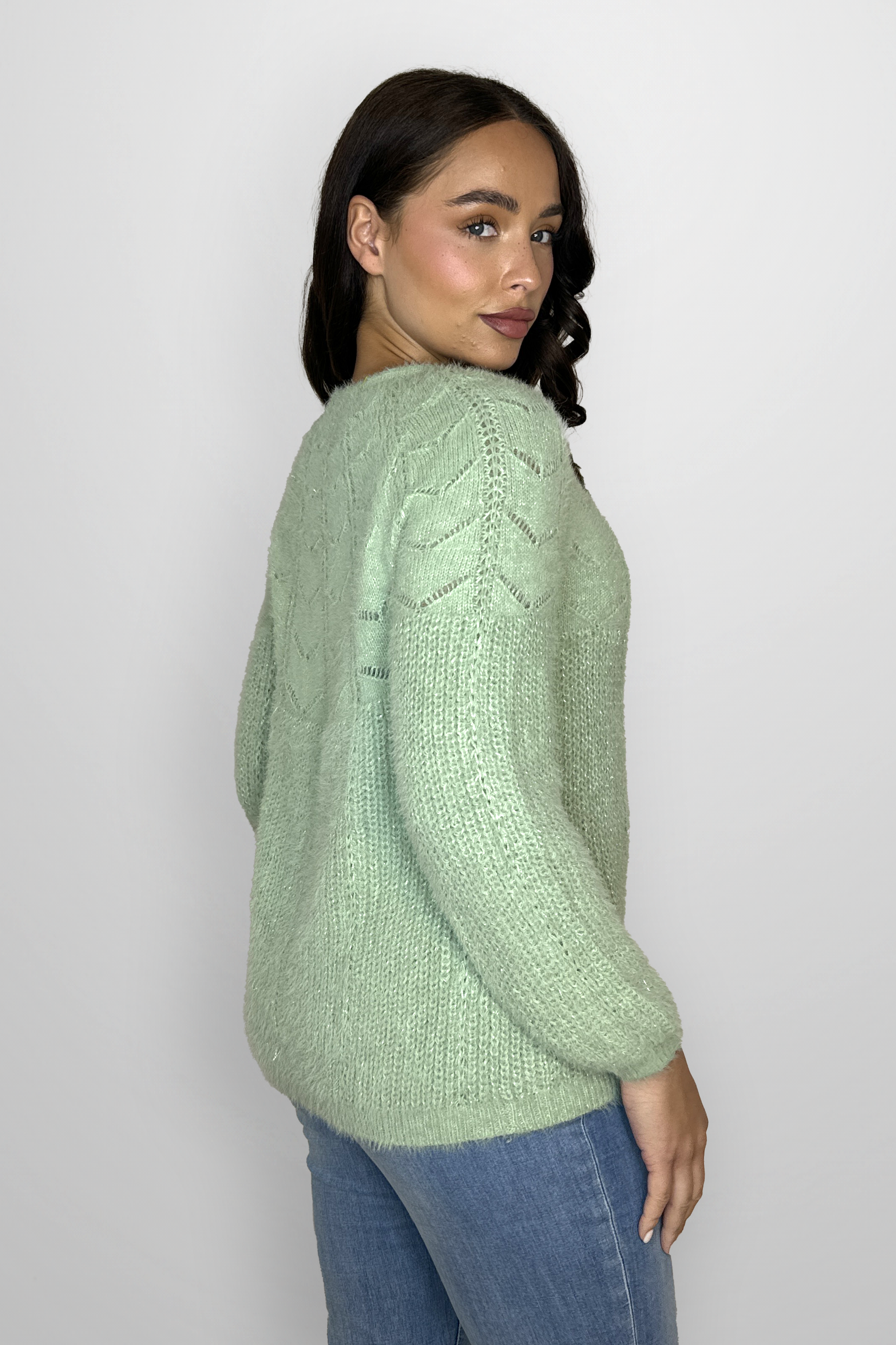 Perforated Chunky Knitted Fluffy Lurex Jumper-SinglePrice