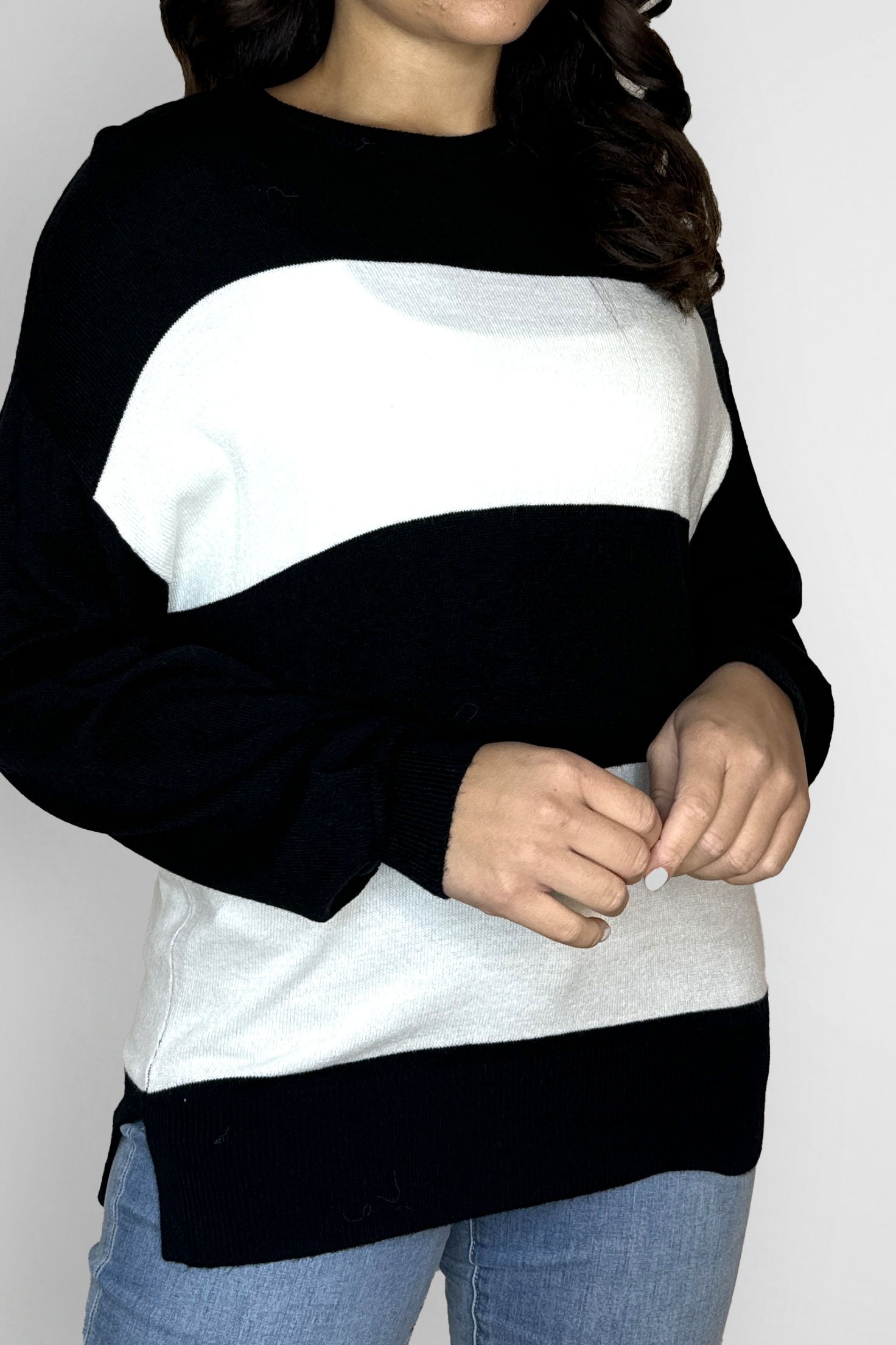 Stripe Colour Block Basic Knitted Sweatshirt-SinglePrice