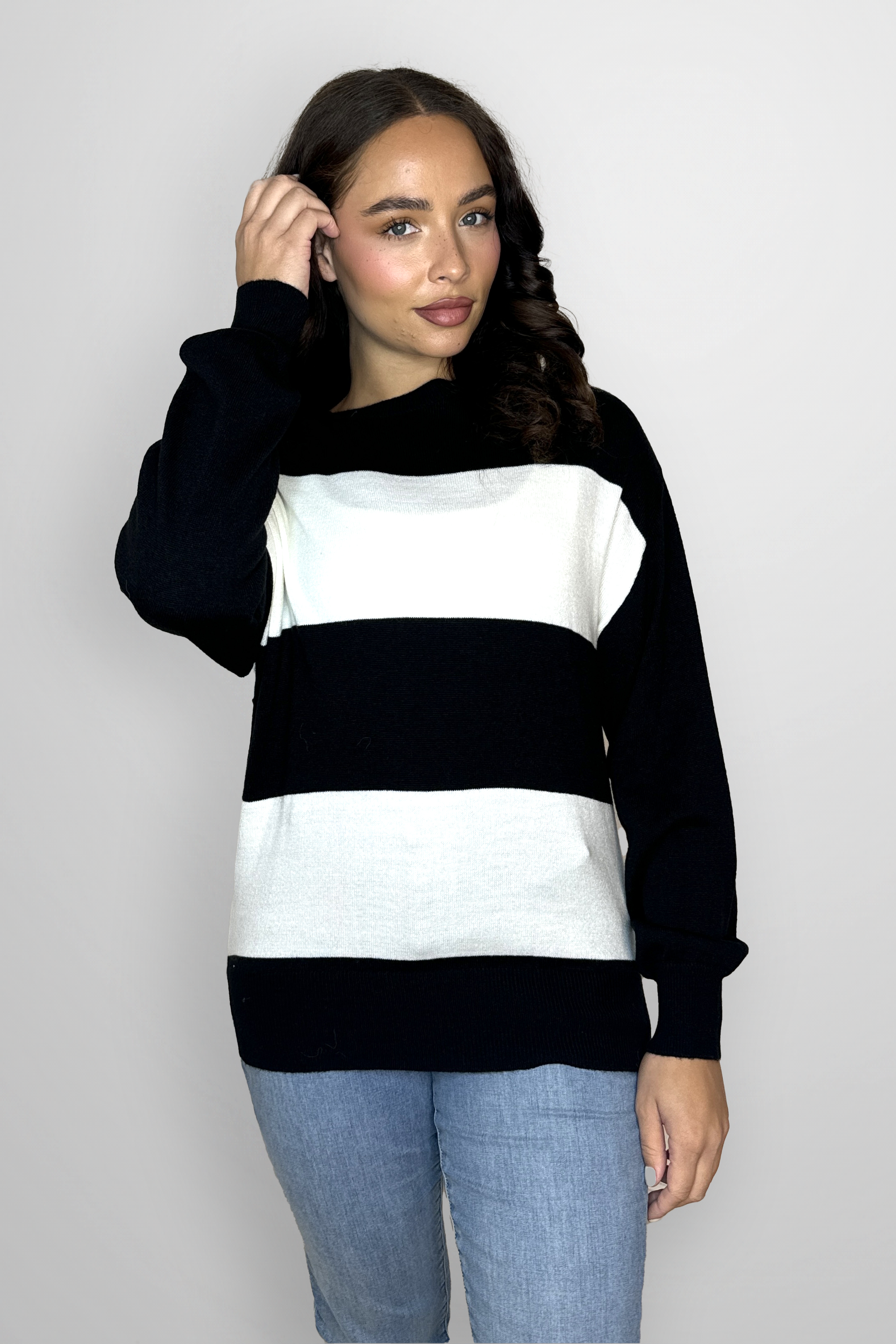 Stripe Colour Block Basic Knitted Sweatshirt-SinglePrice