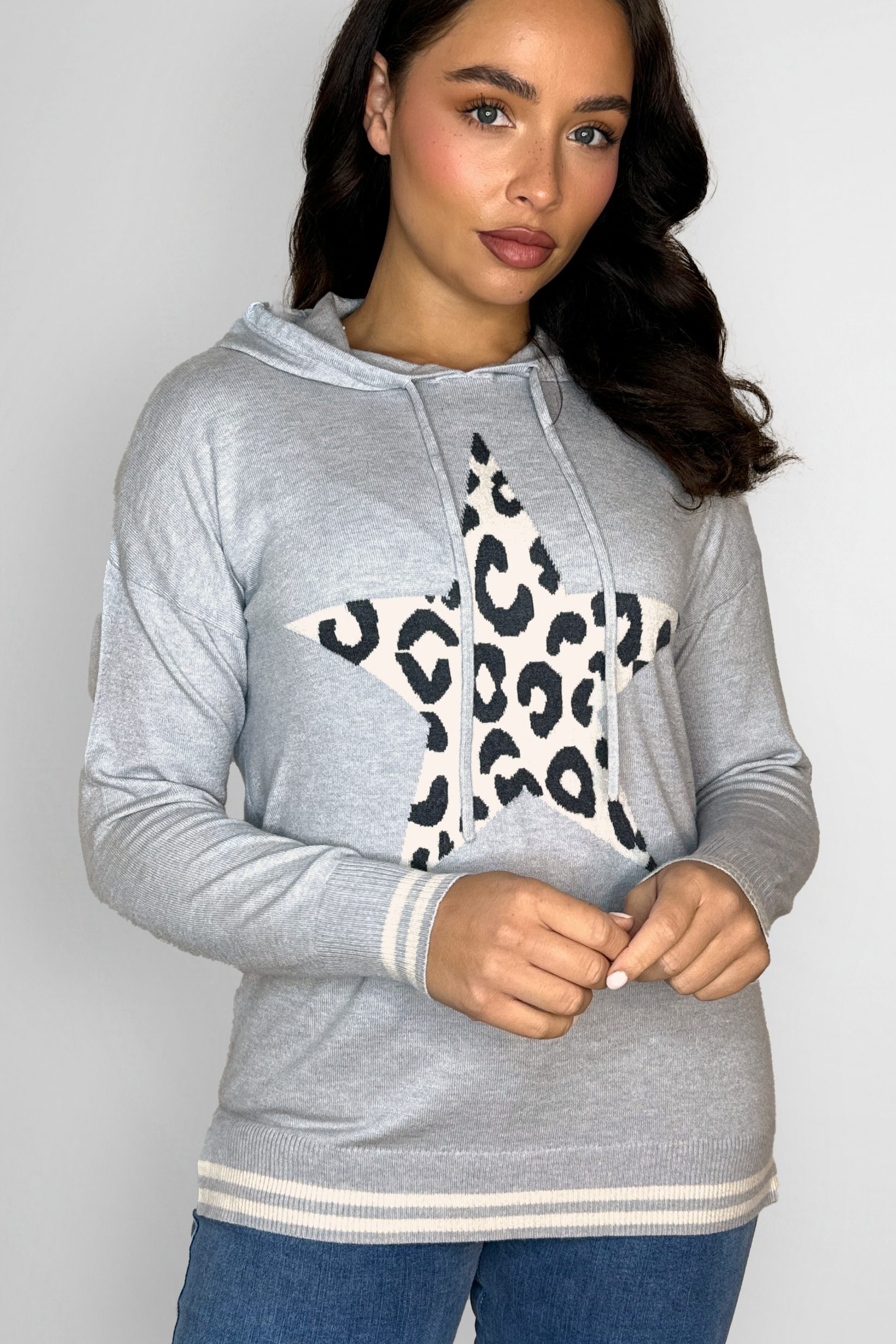 Star Leopard Contrast Print Soft Viscose Blend Knit Hoodie-SinglePrice