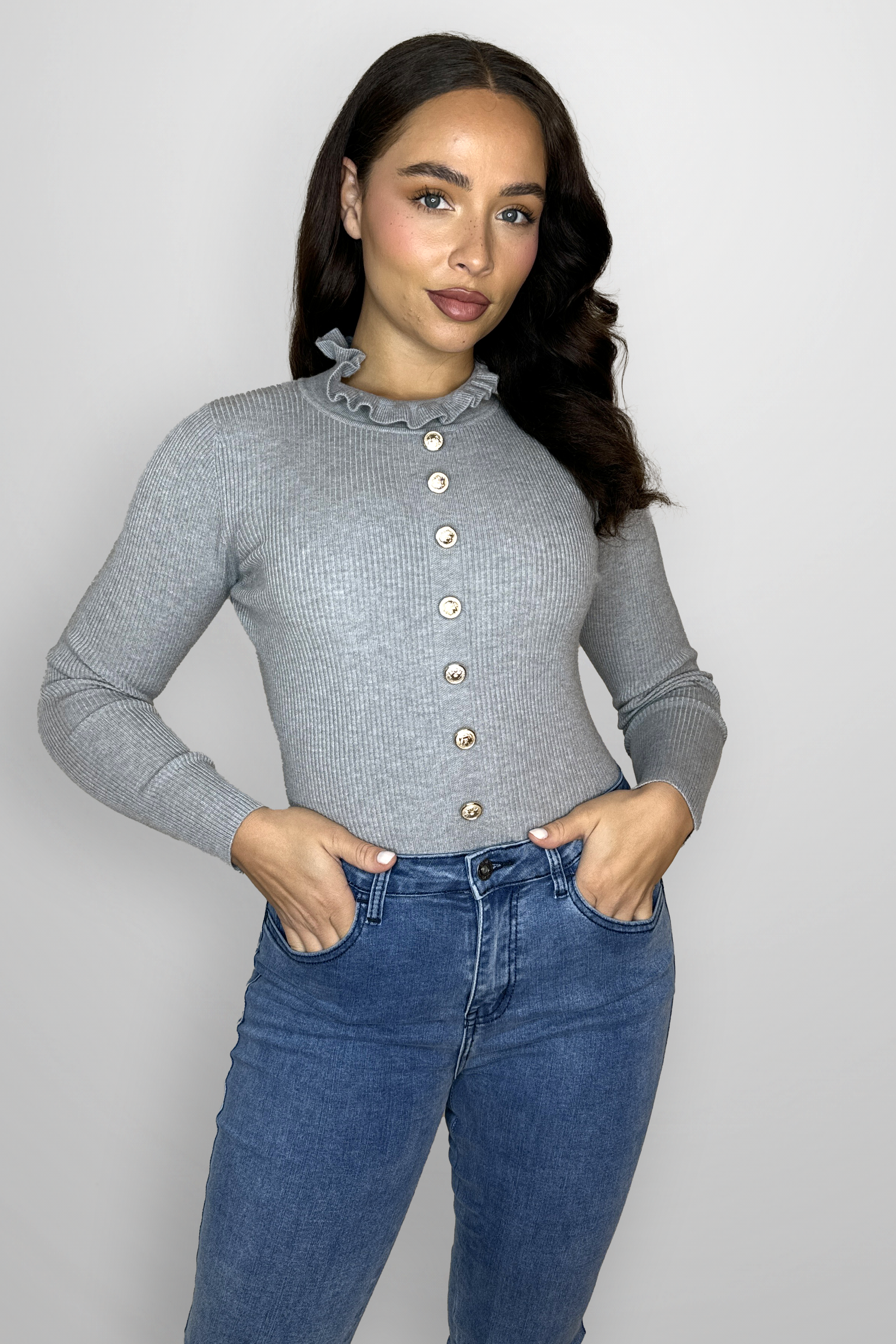 Mock Frill Neck Button Detail Ribbed Viscose Knit Long Sleeve Bodysuit