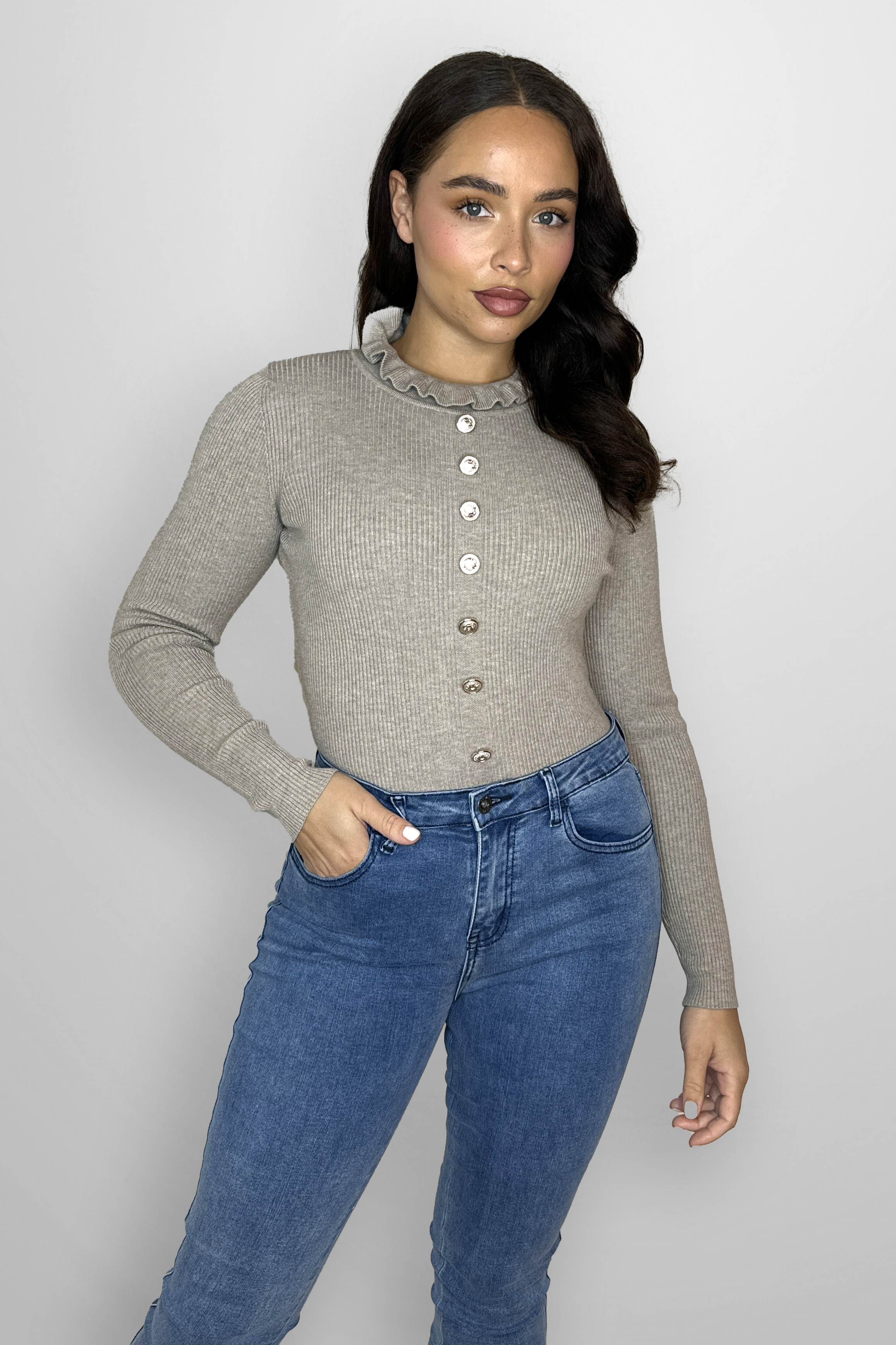 Mock Frill Neck Button Detail Ribbed Viscose Knit Long Sleeve Bodysuit