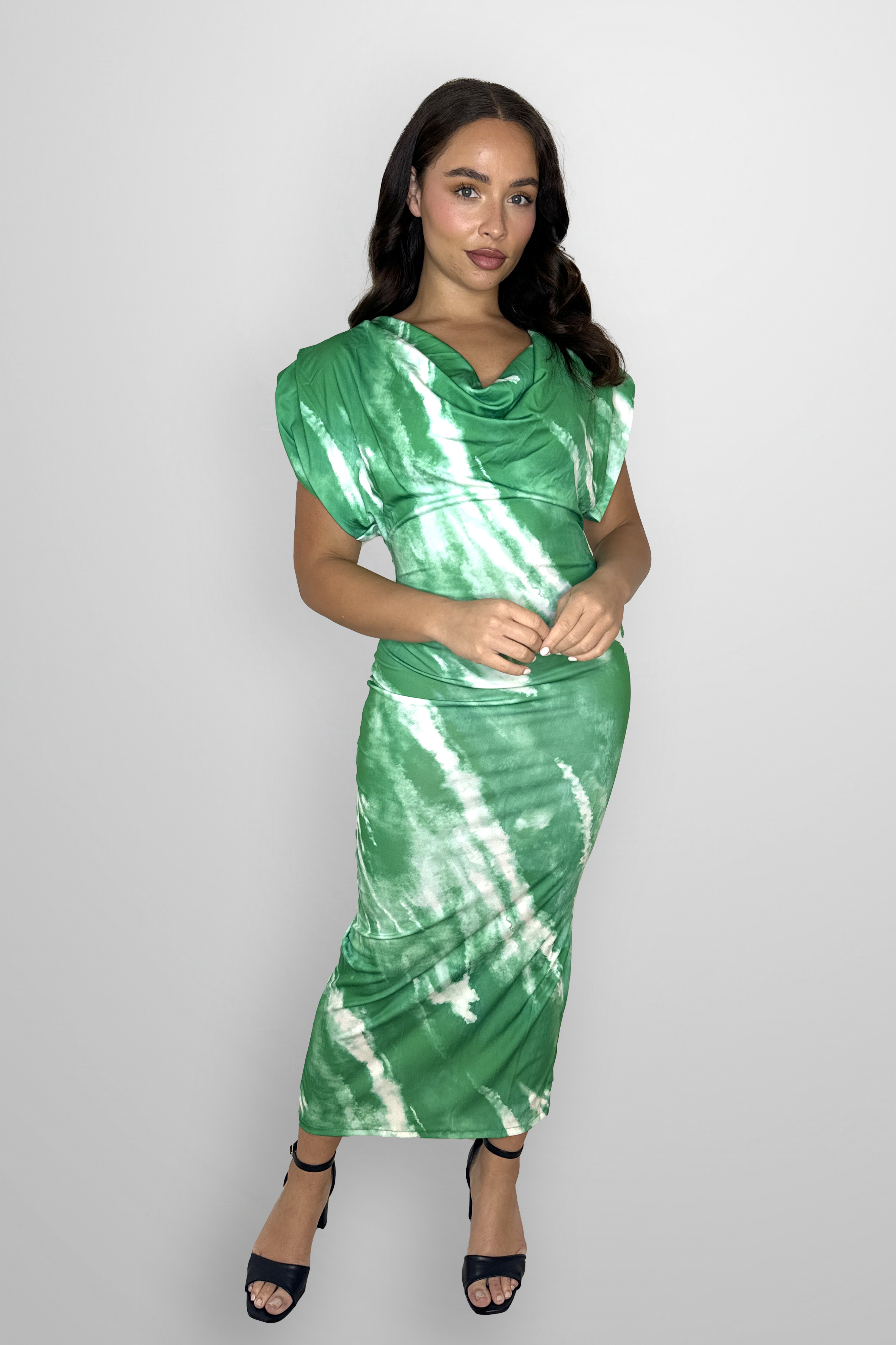 Padded Shoulder Marble Print Long Dress-SinglePrice