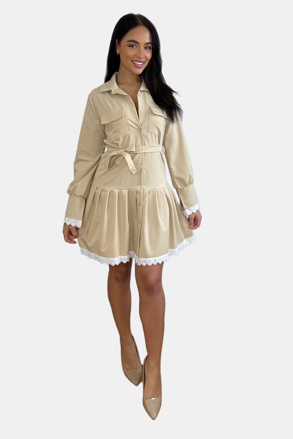 White Lace Trim Tiered Shirt Dress-SinglePrice