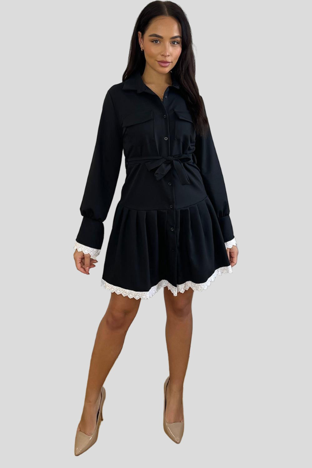 White Lace Trim Tiered Shirt Dress-SinglePrice