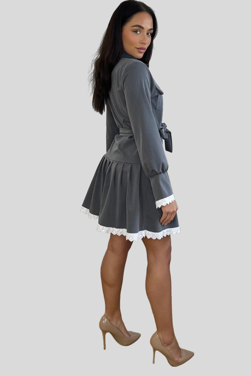 White Lace Trim Tiered Shirt Dress-SinglePrice