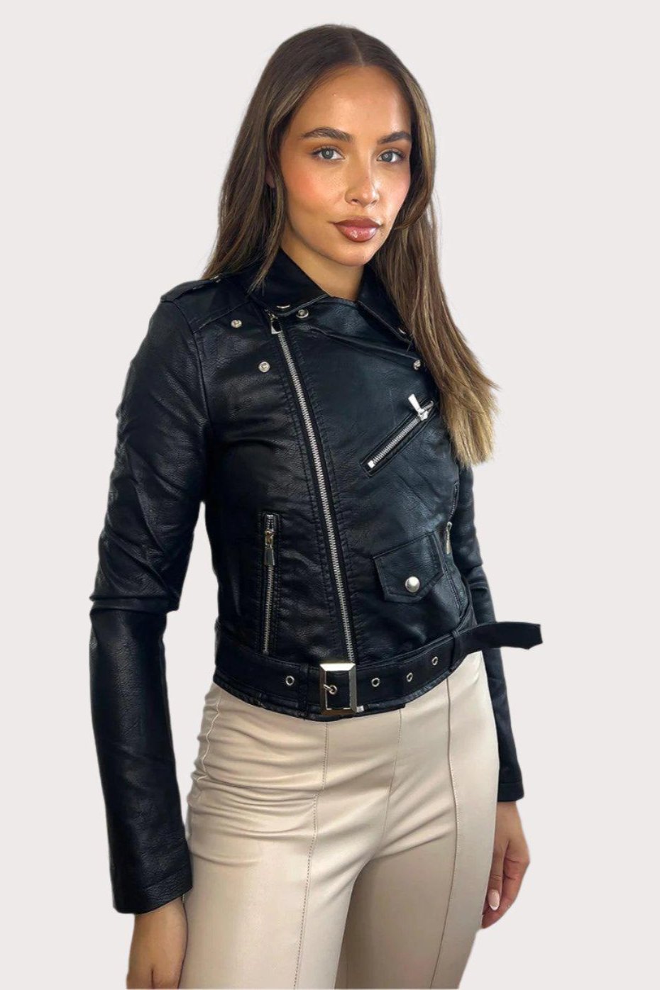 Faux Leather Asymmetric Zip Buckle Belt Biker Jacket-SinglePrice