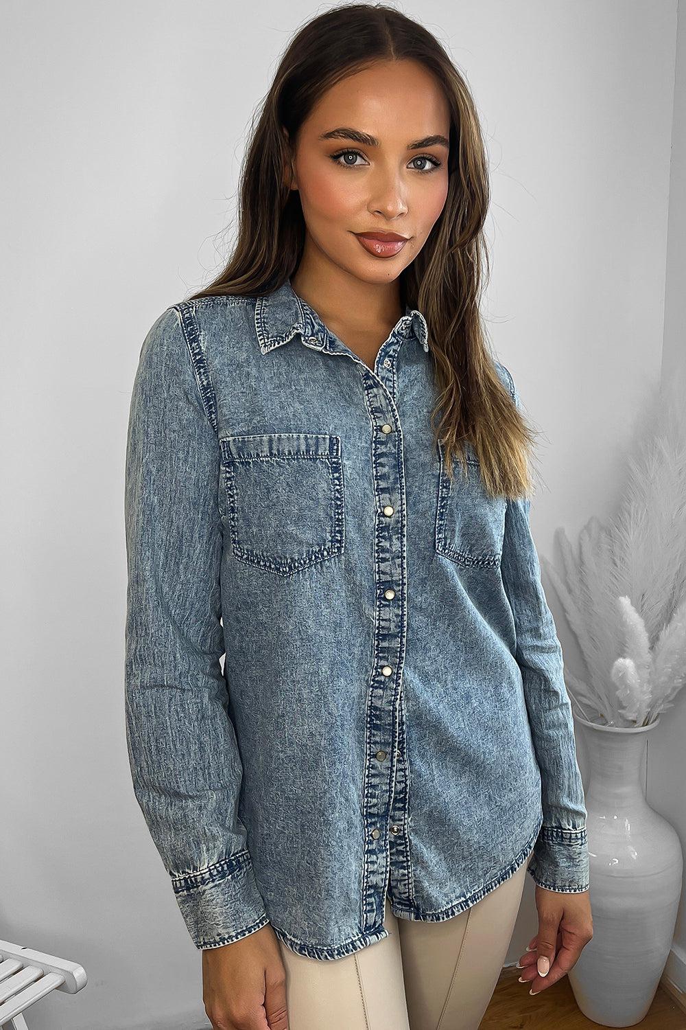 Acid wash outlet denim shirt womens